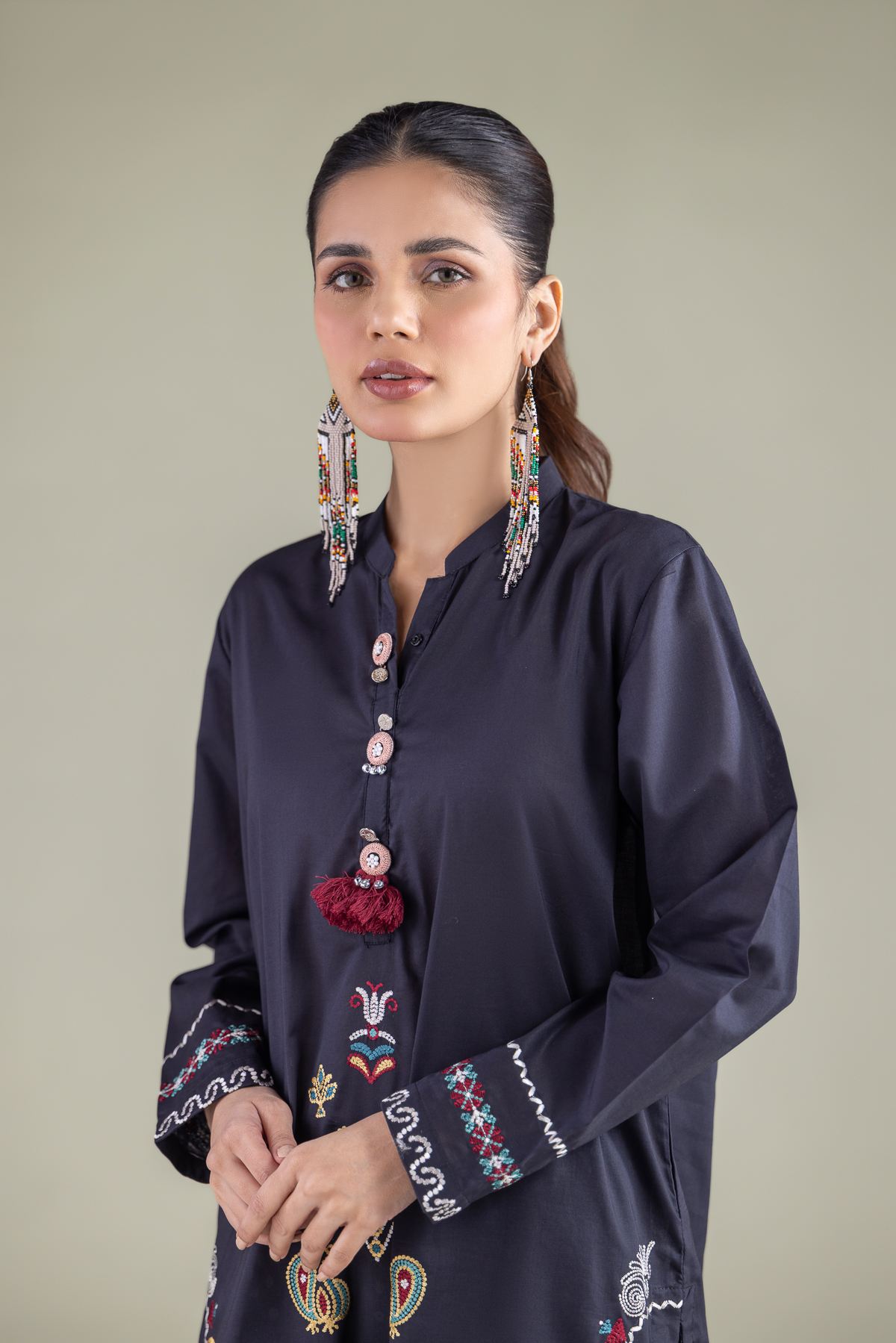 Embroidered Cambric Navy Pom-Pom Kurta - 1-26-117-A-E-VG