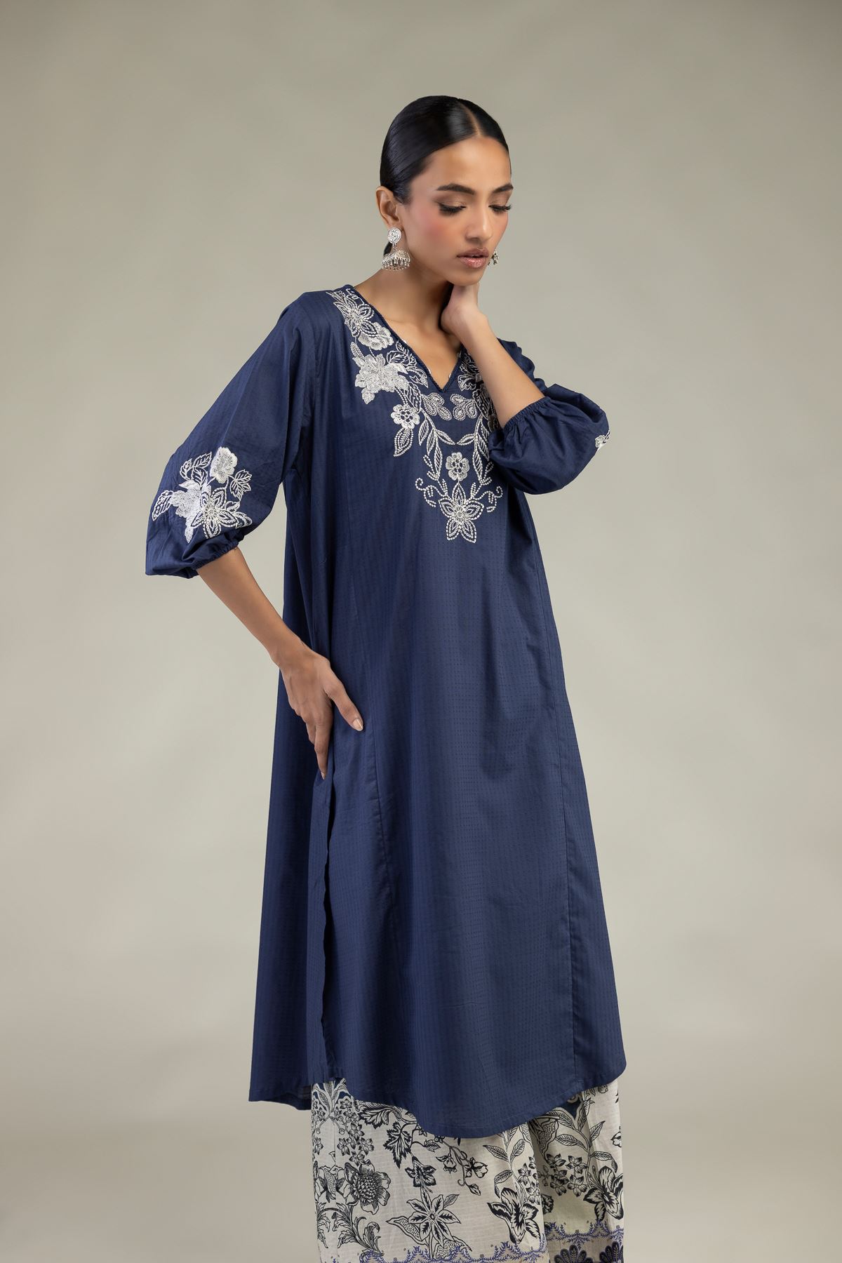 Embroidered Cotton Dobby Floral V-Neck Kurta - 1-26-241-A-A1-VG