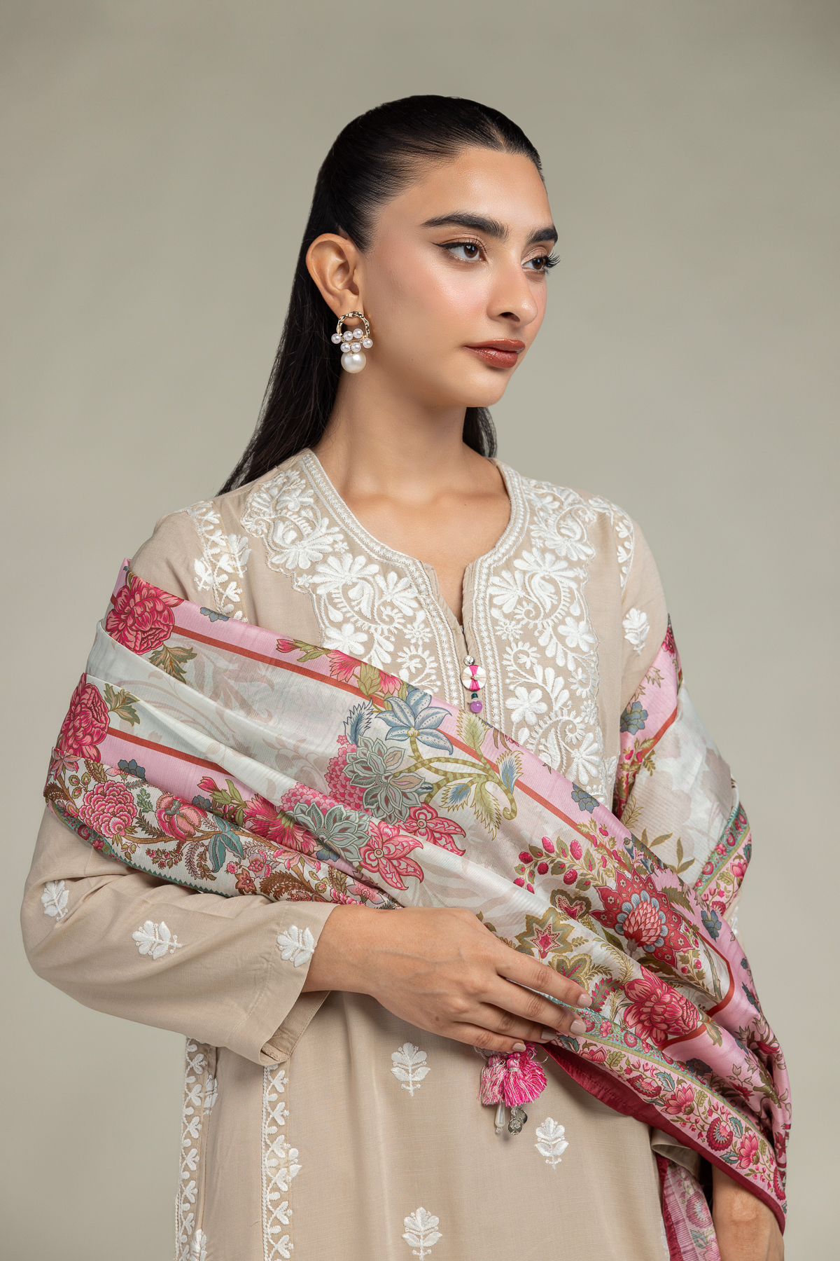 Embroidered Polyester Silk Pink Floral Dupatta - 2-26-202-A-D-VG