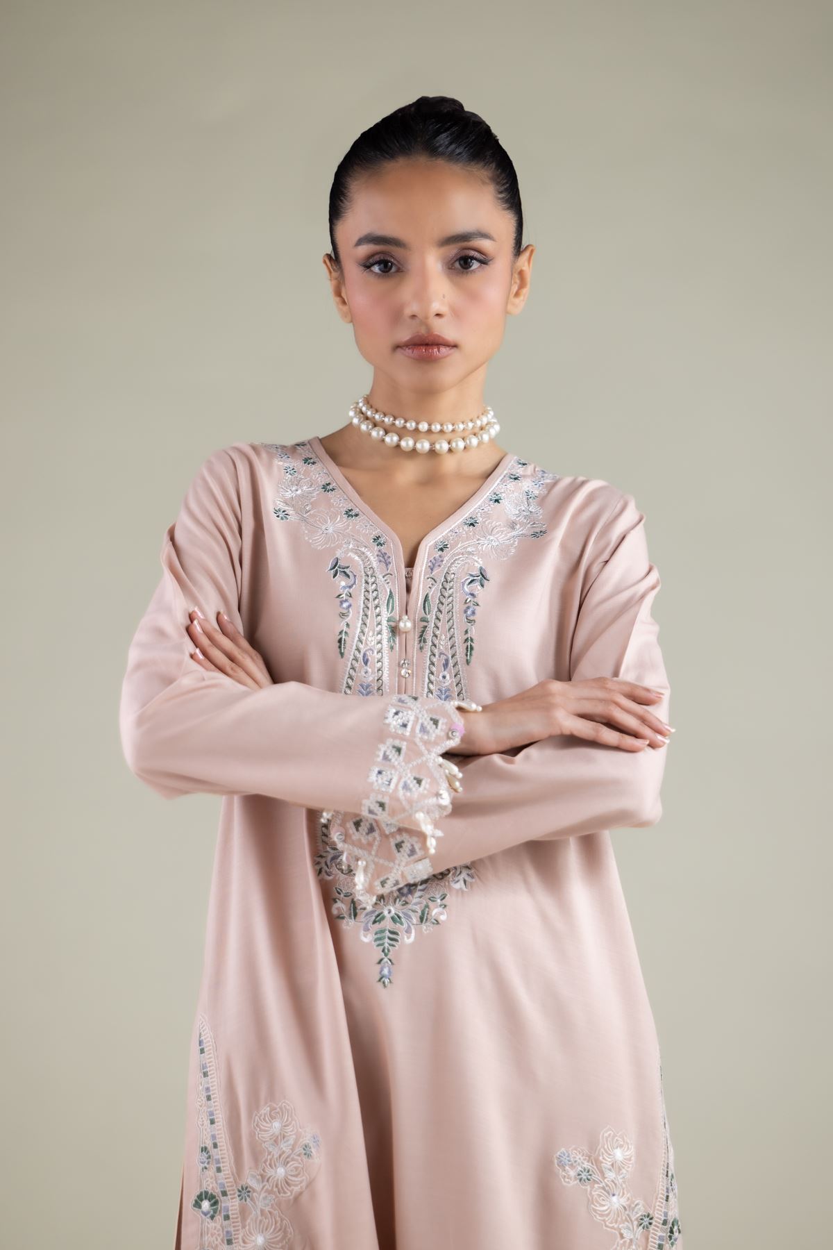Embroidered Raw Silk Floral Longline Kurta - 2-26-112-A-B-VG