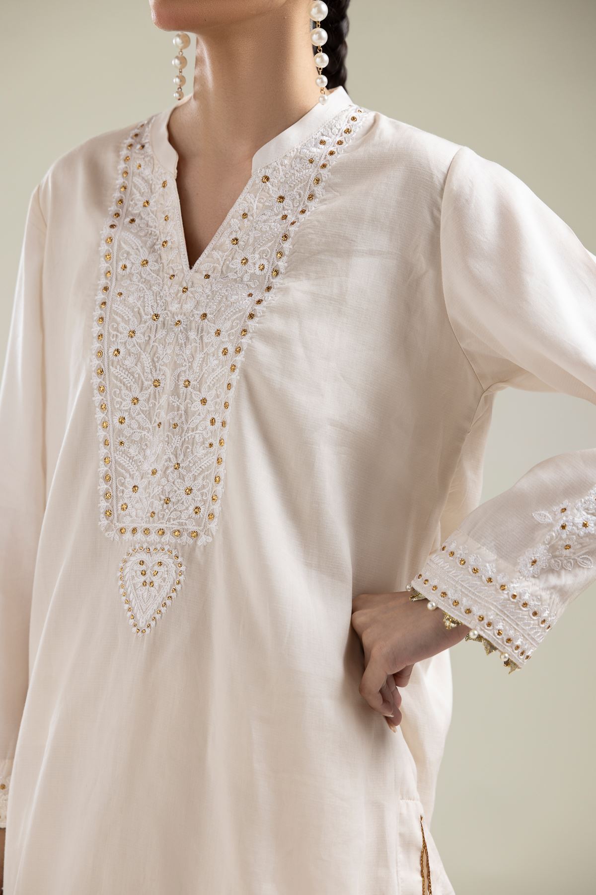 Embroidered Textured Weave Short V-Neck Kurta - 1-26-106-A-D-VG