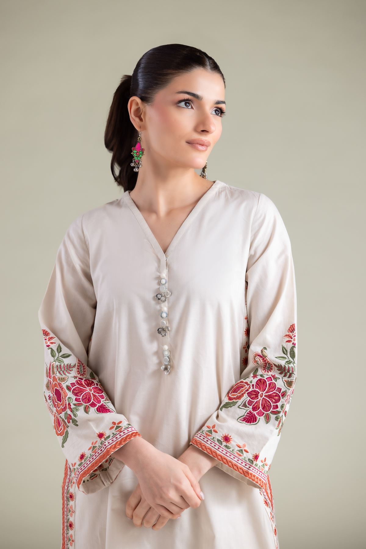 Embroidered Cotton Dobby Floral Longline Kurta - 1-26-108-A-F-VG
