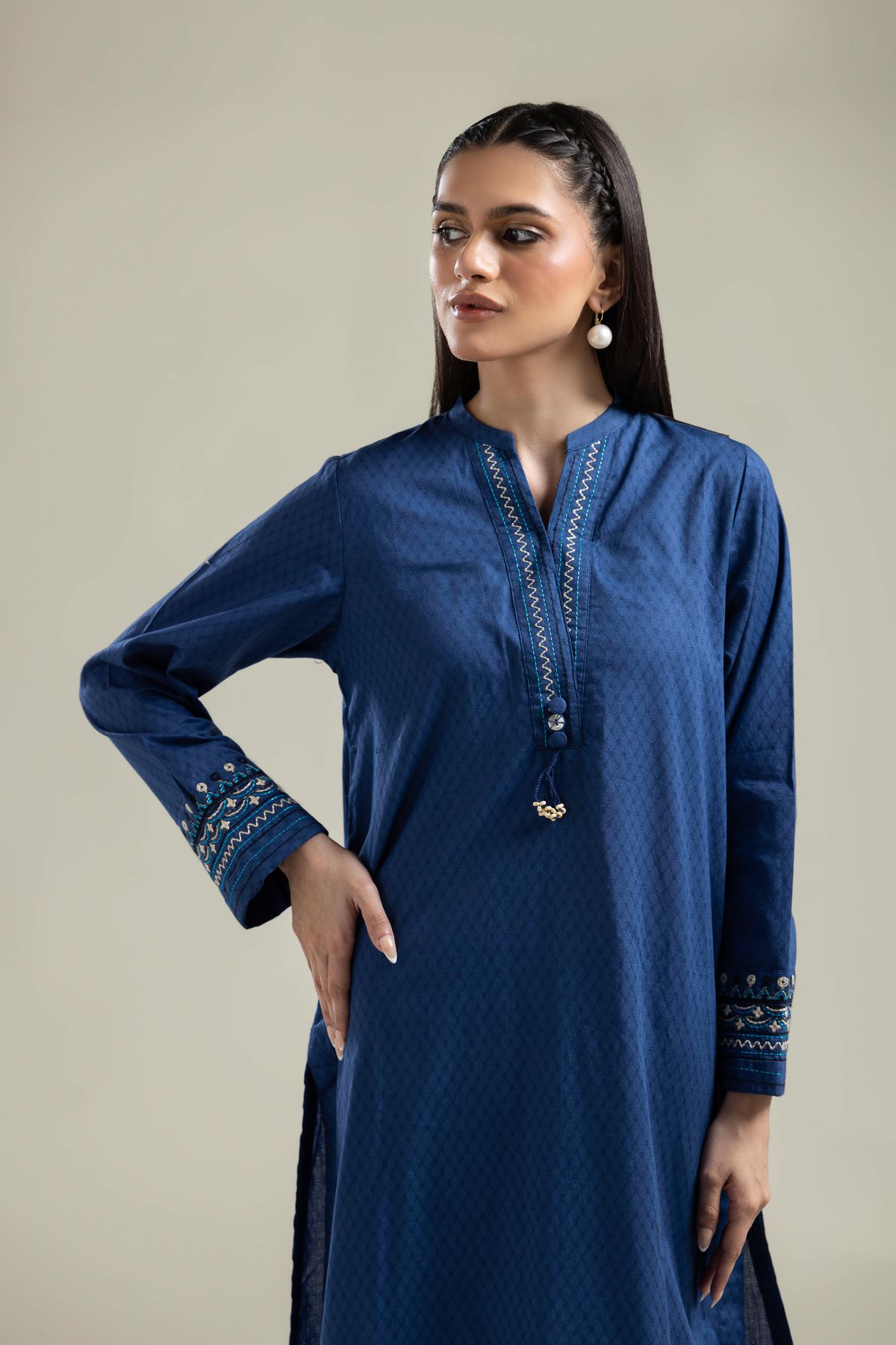 Embroidered Cotton Dobby Blue Longline Kurta - 1-26-204-A-A1-VG