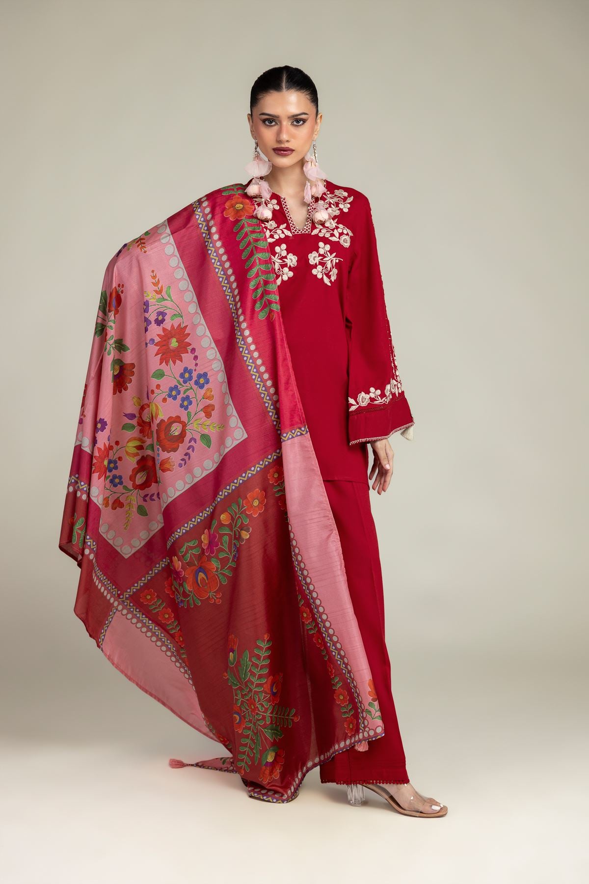 Embroidered Raw Silk Red Solid Pants - 1-26-203-A-A1-VG