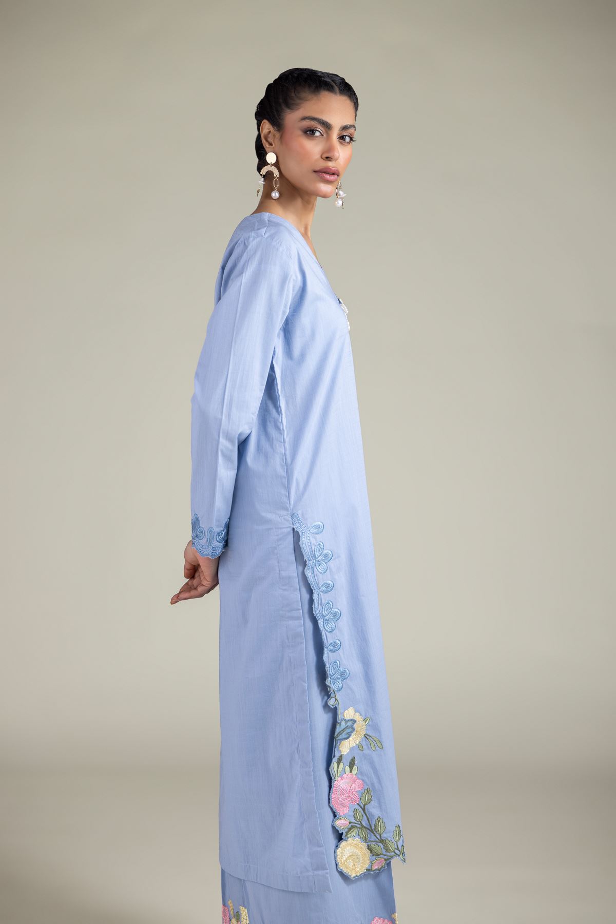 Embroidered Textured Cotton Floral Pearl Kurta - 25-10-12E12-03TA-VG