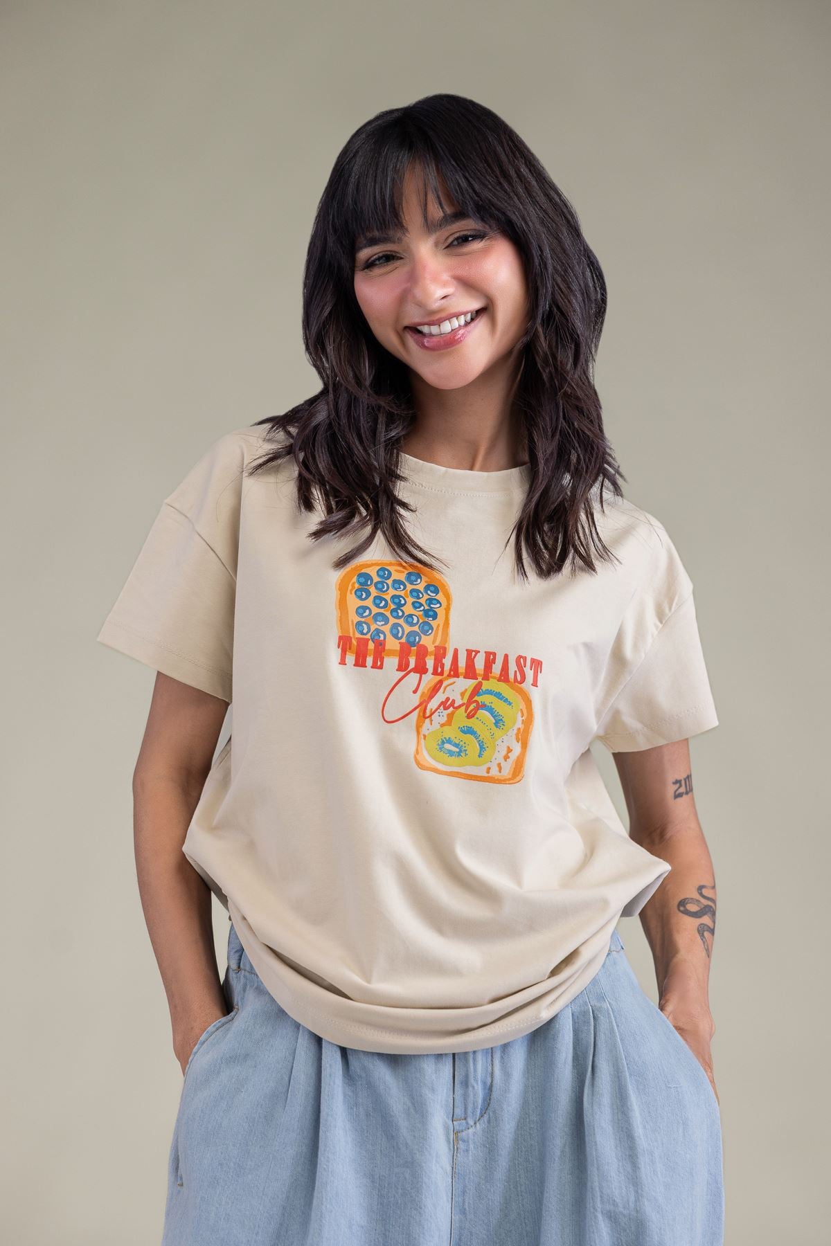 Embroidered Lycra Jersey Short Beige T-Shirt - 3-26-204-A-F1-VG