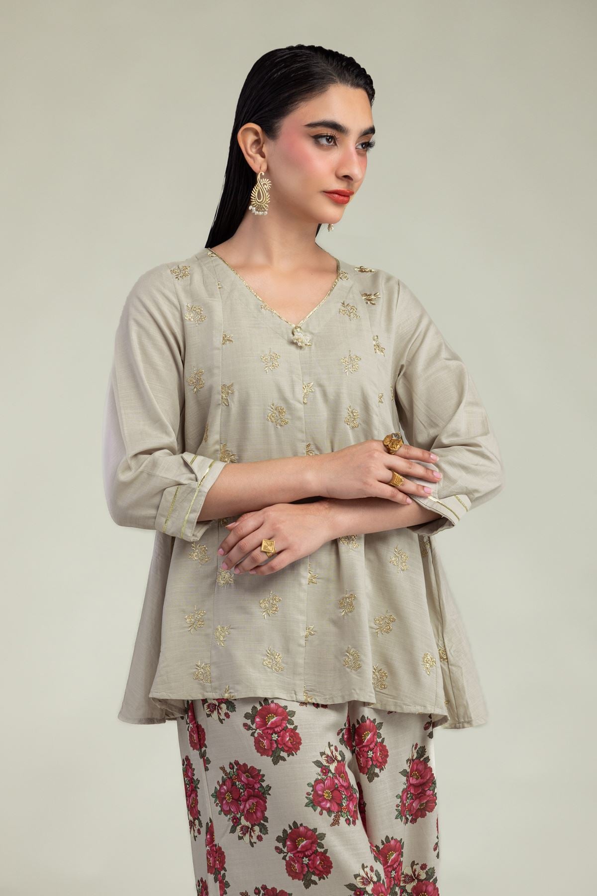 Embroidered Raw Silk Beige V-Neck Kurta - 2-26-201-A-E-VG