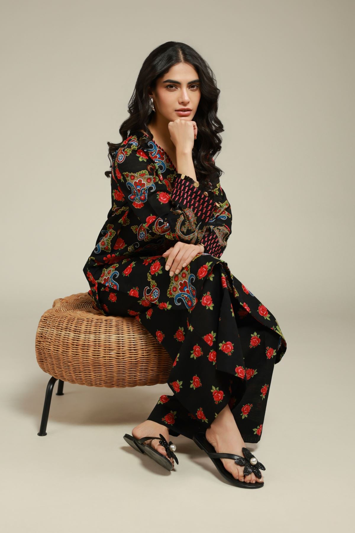 Printed Textured Cotton Floral Longline Kurta - 1-26-125-A-D-VG