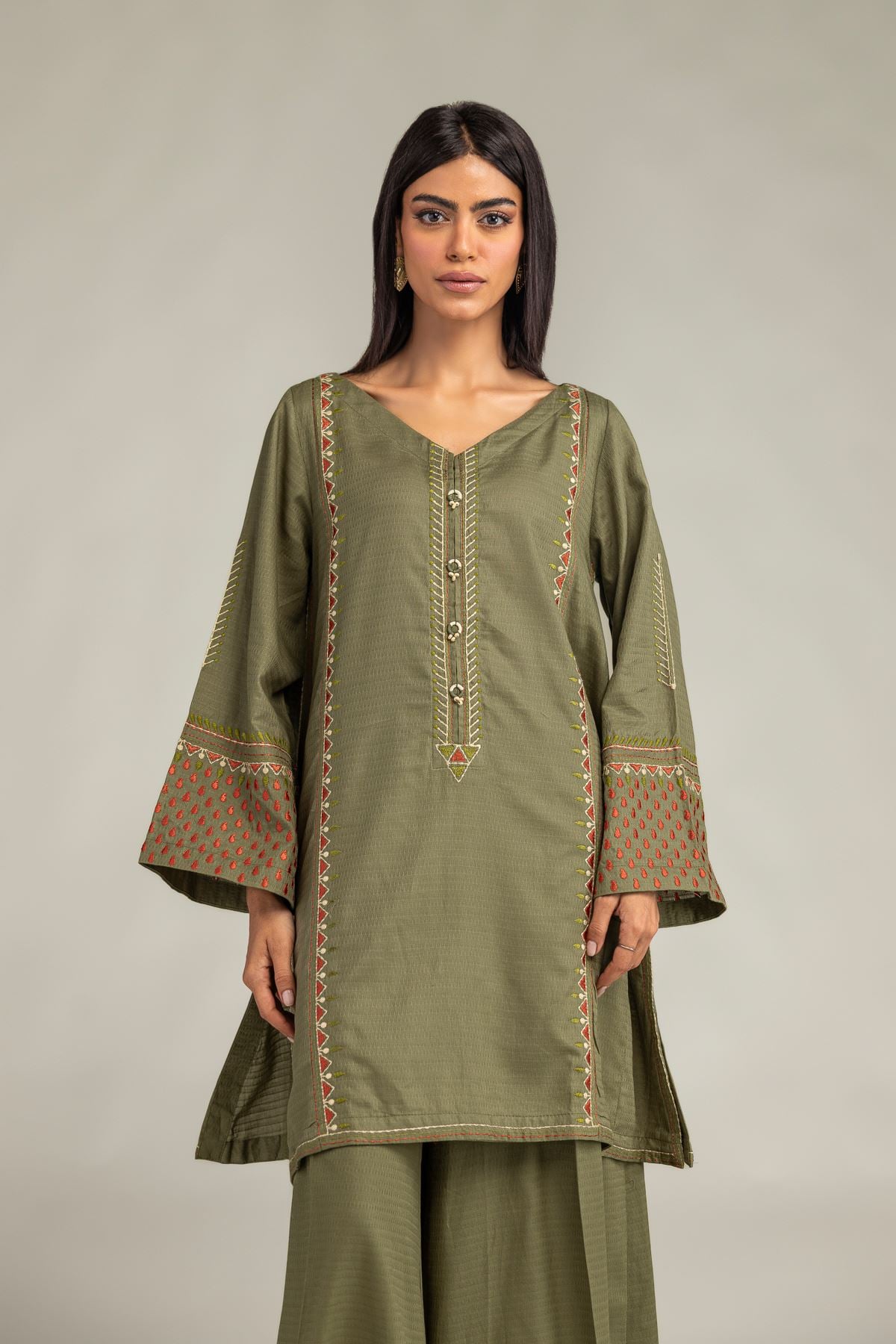 Embroidered Cotton Dobby Olive V-Neck Kurta - T-A33-26-207FD1-VG