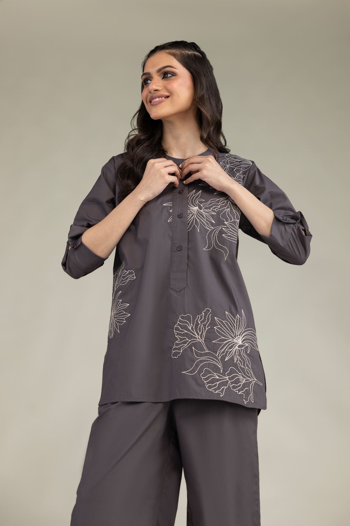 Embroidered Poplin Gray Poplin Shirt - 1-26-229-B-F1-VG