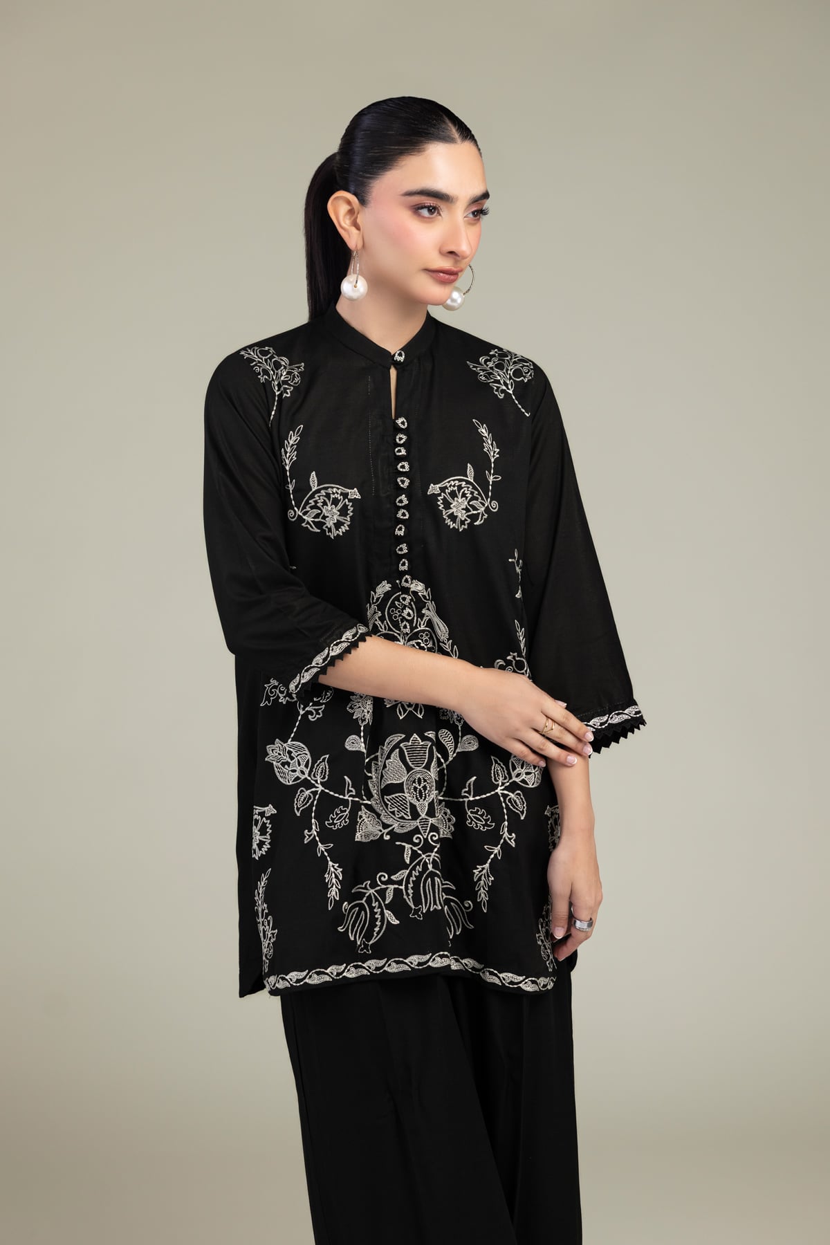 Embroidered Raw Silk Black Floral Kurta - 1-26-309-B-D1-VG