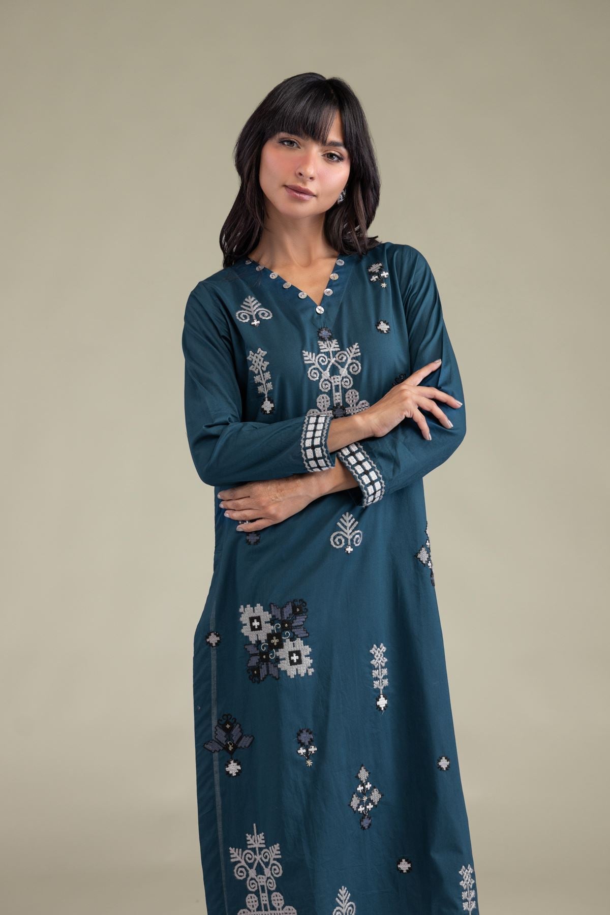 Embroidered Cambric Teal Longline Kurta - 2-26-212-A-H1-VG