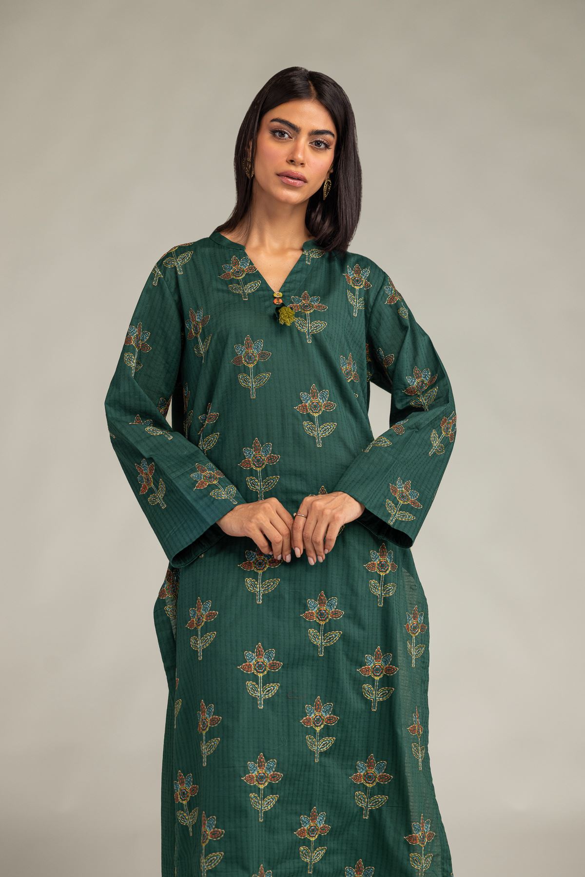 Embroidered Cotton Dobby Floral Longline Kurta - 2-26-301-B-F1-VG