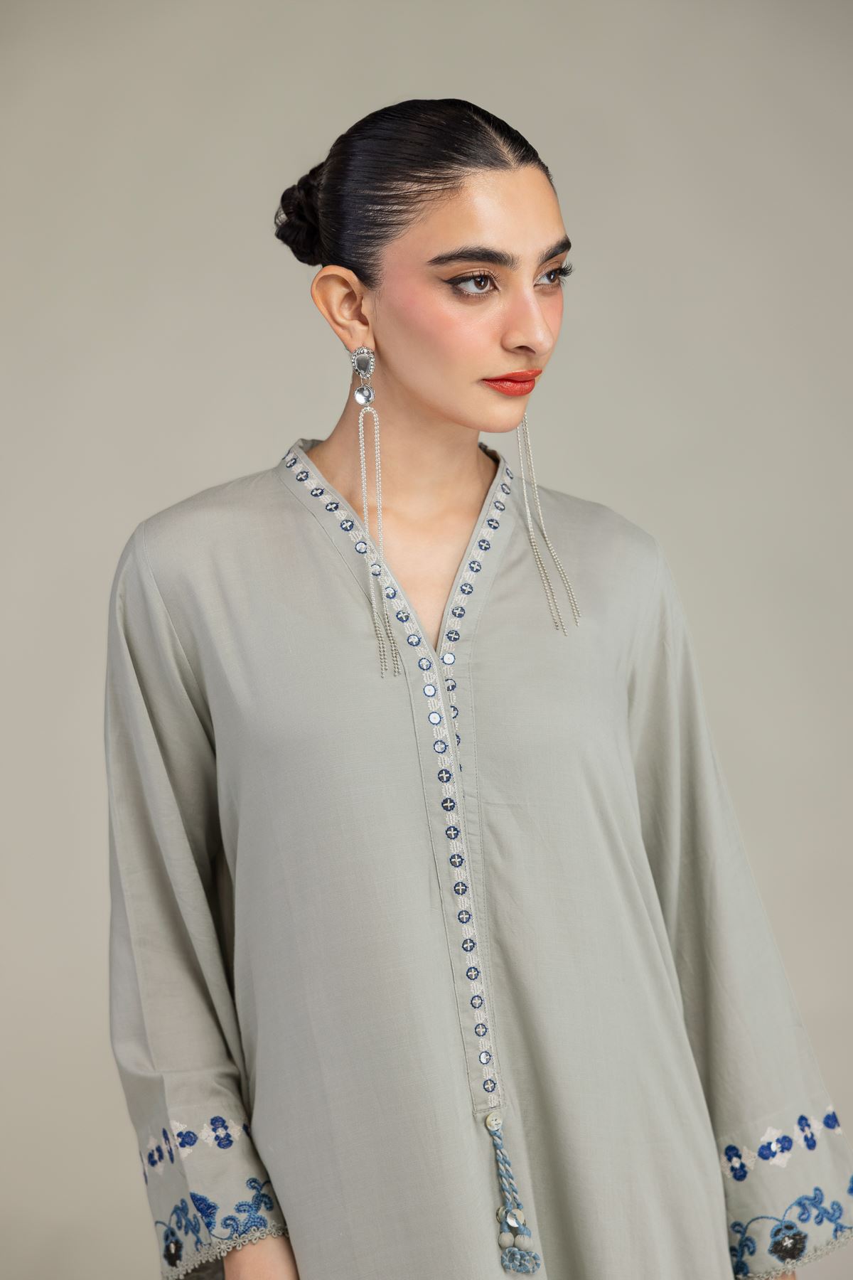 Embroidered Raw Silk Floral V-Neck Kurta - 1-26-203-B-H1-VG