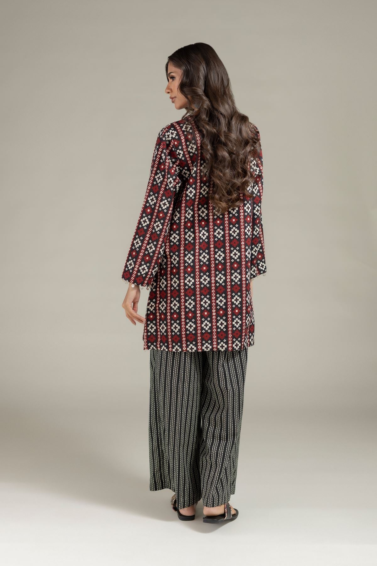 Printed Khaddar Geometric Tassel Kurta - 25-08-12E8-11TA-VG