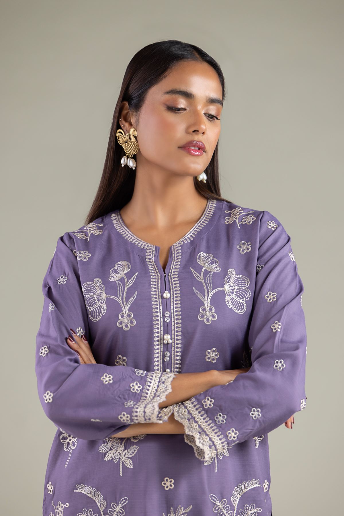 Embroidered Raw Silk Floral V-Neck Kurta - 2-26-102-A-H-VG