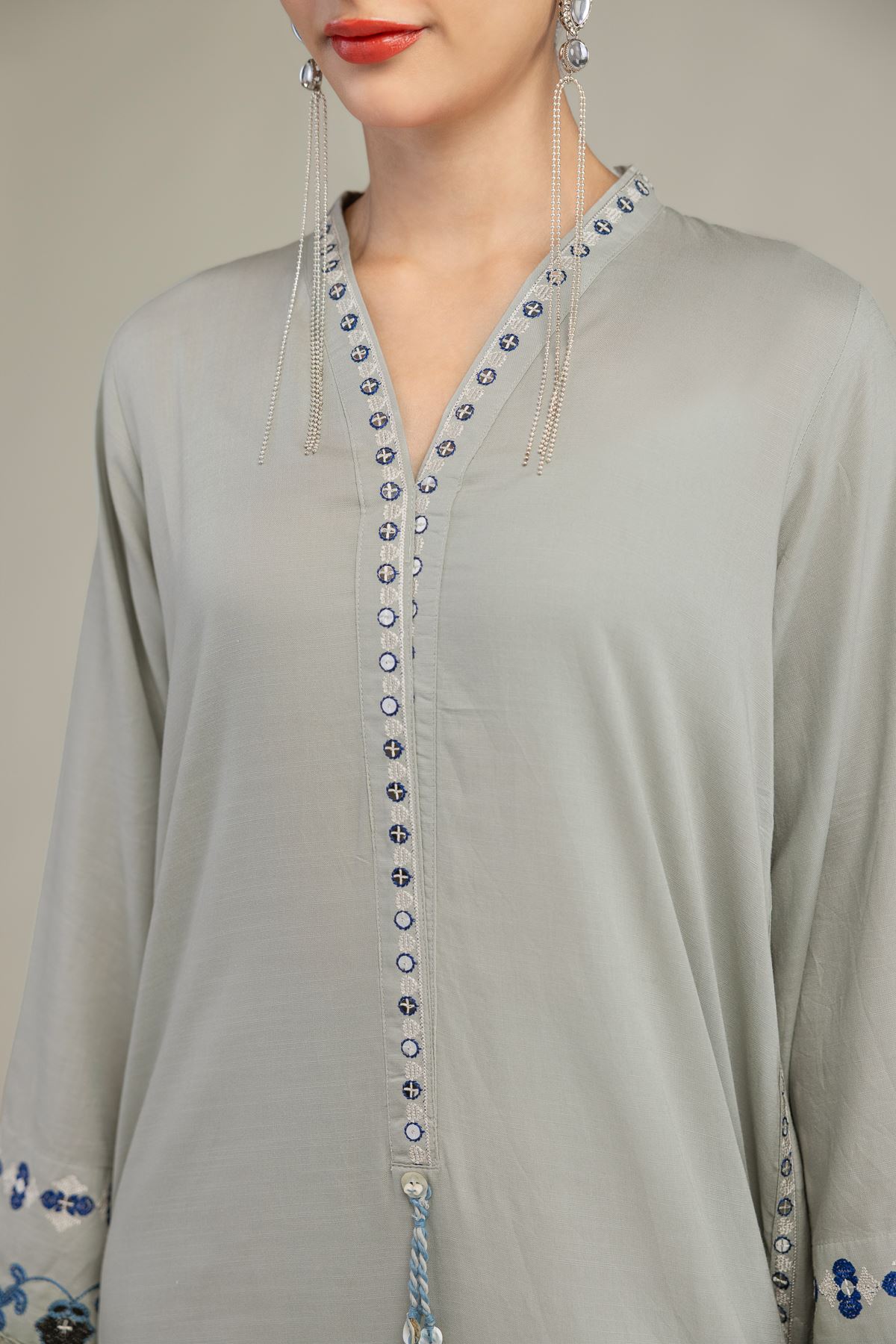 Embroidered Raw Silk Floral V-Neck Kurta - 1-26-203-B-H1-VG