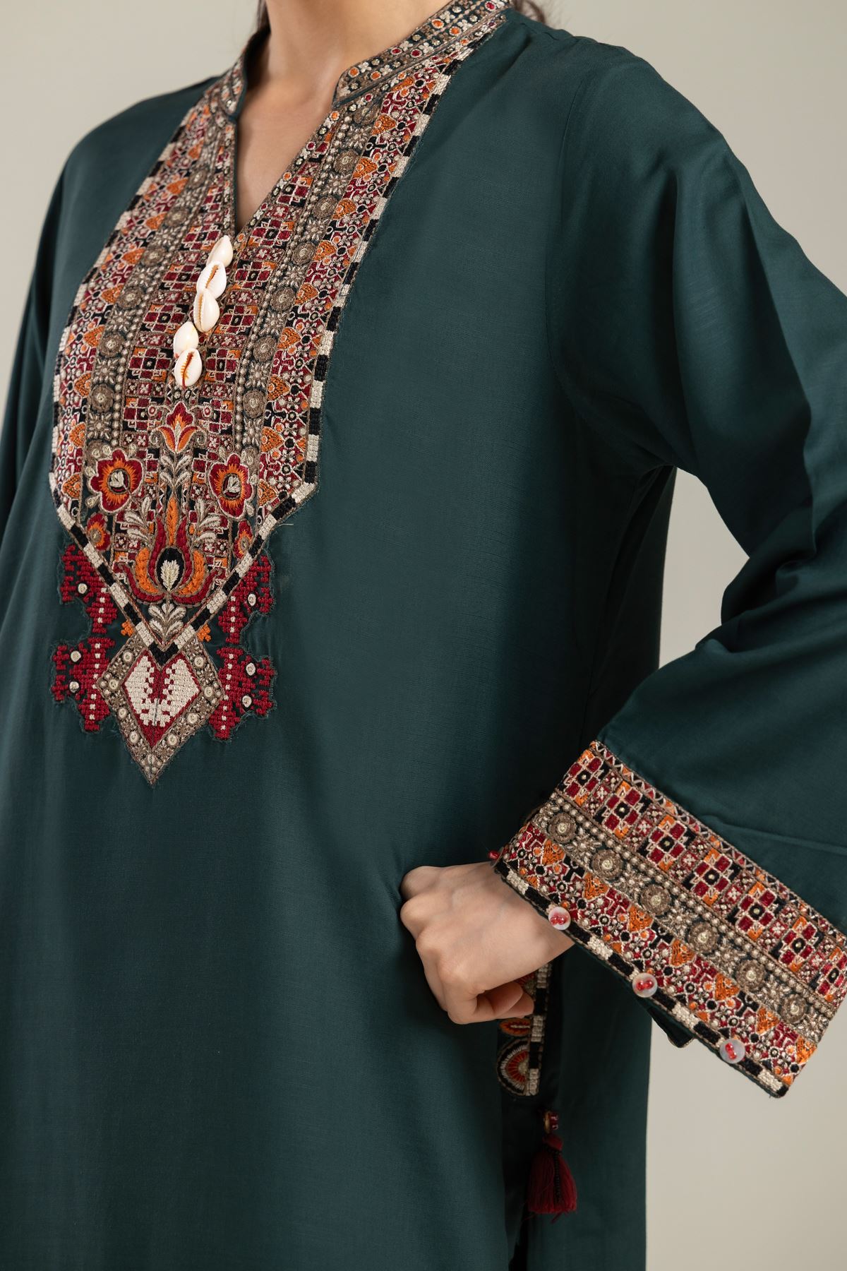 Embroidered Raw Silk Green Longline Kurta - 1-26-106-A-D-VG