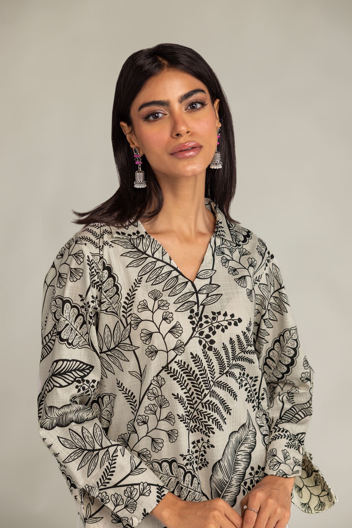 Printed Textured Cotton V-Neck Longline Kurta - 1-26-229-B-F1-VG