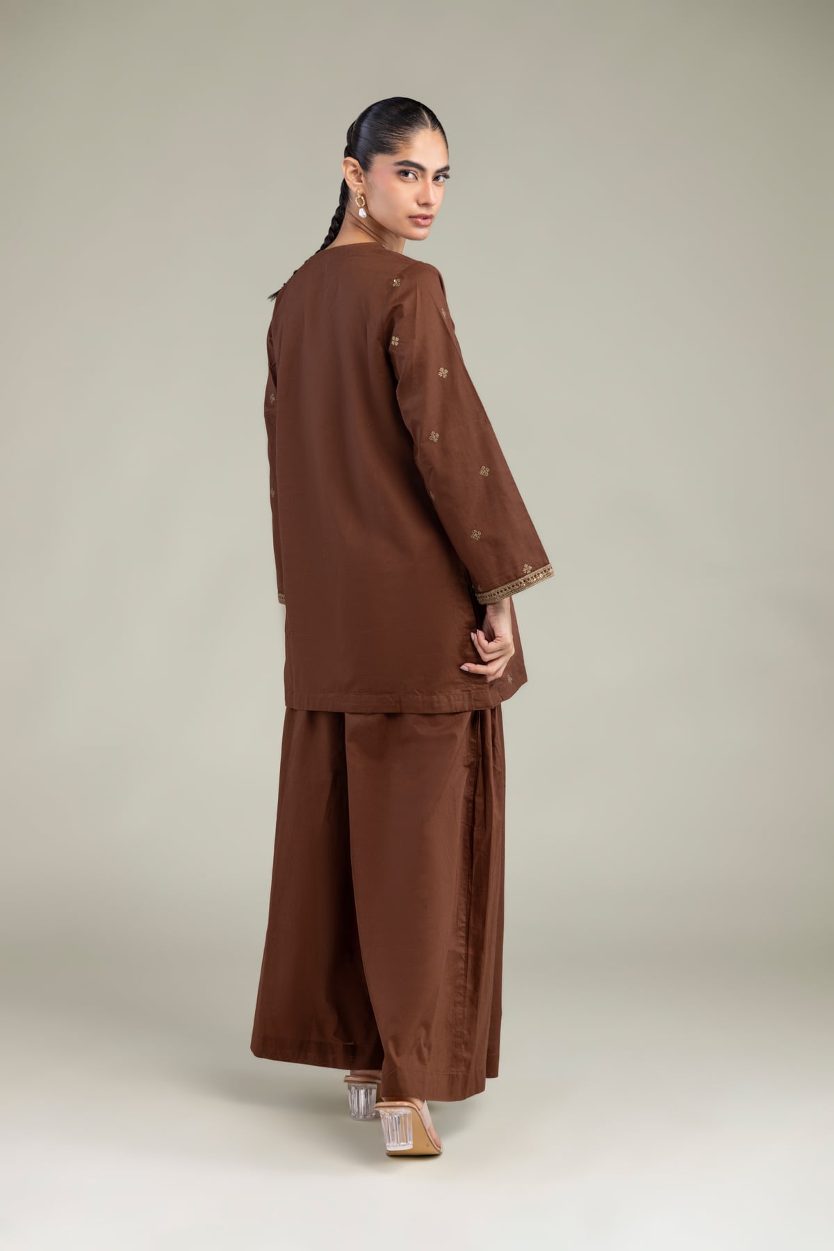 Embroidered Cambric Brown V-Neck Kurta - 1-26-102-A-F-VG