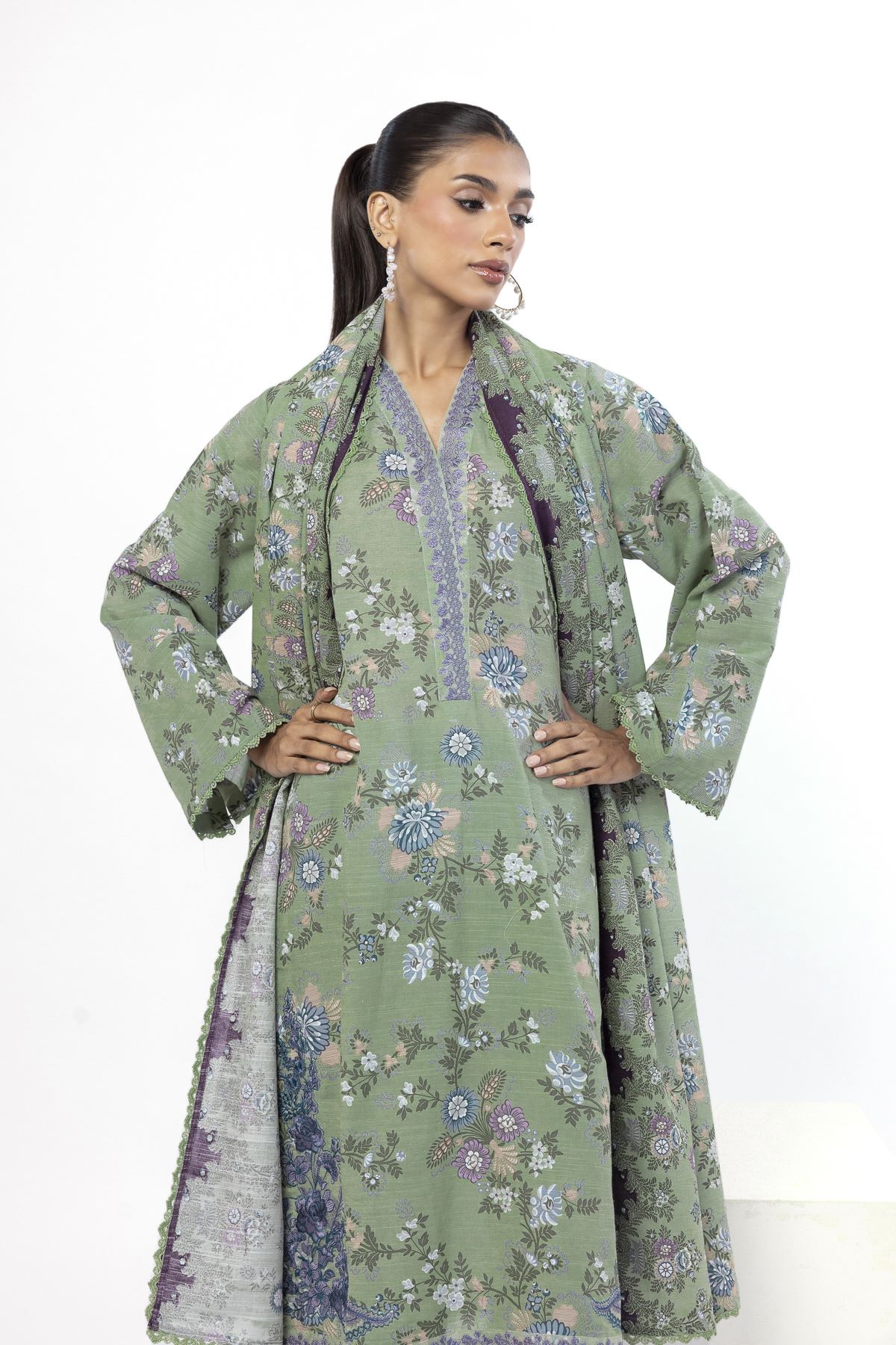 Embroidered Slub Cotton Tailored 3 Piece - KN31AST-VG