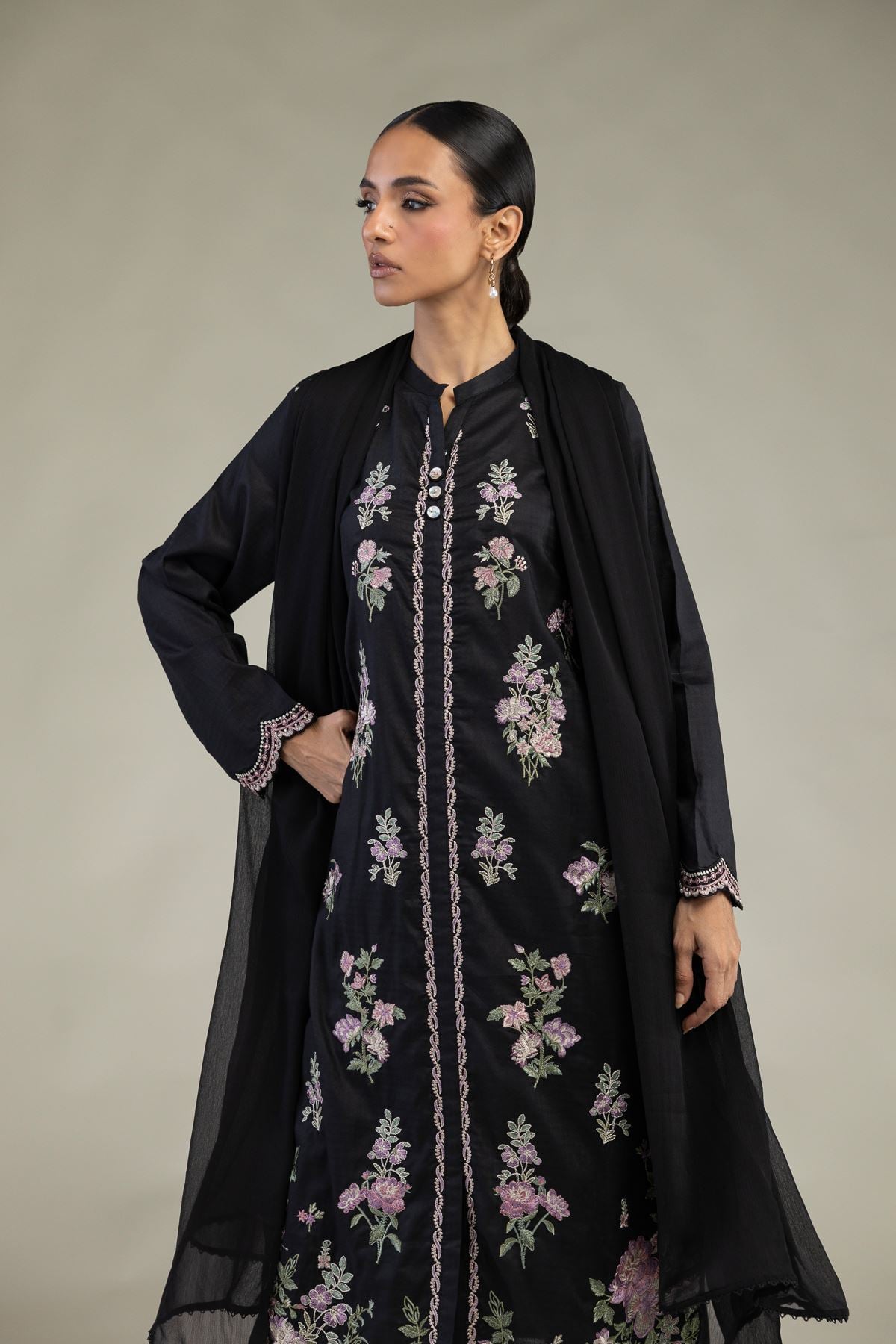 Embroidered | Dobby Black Tailored Three-Piece