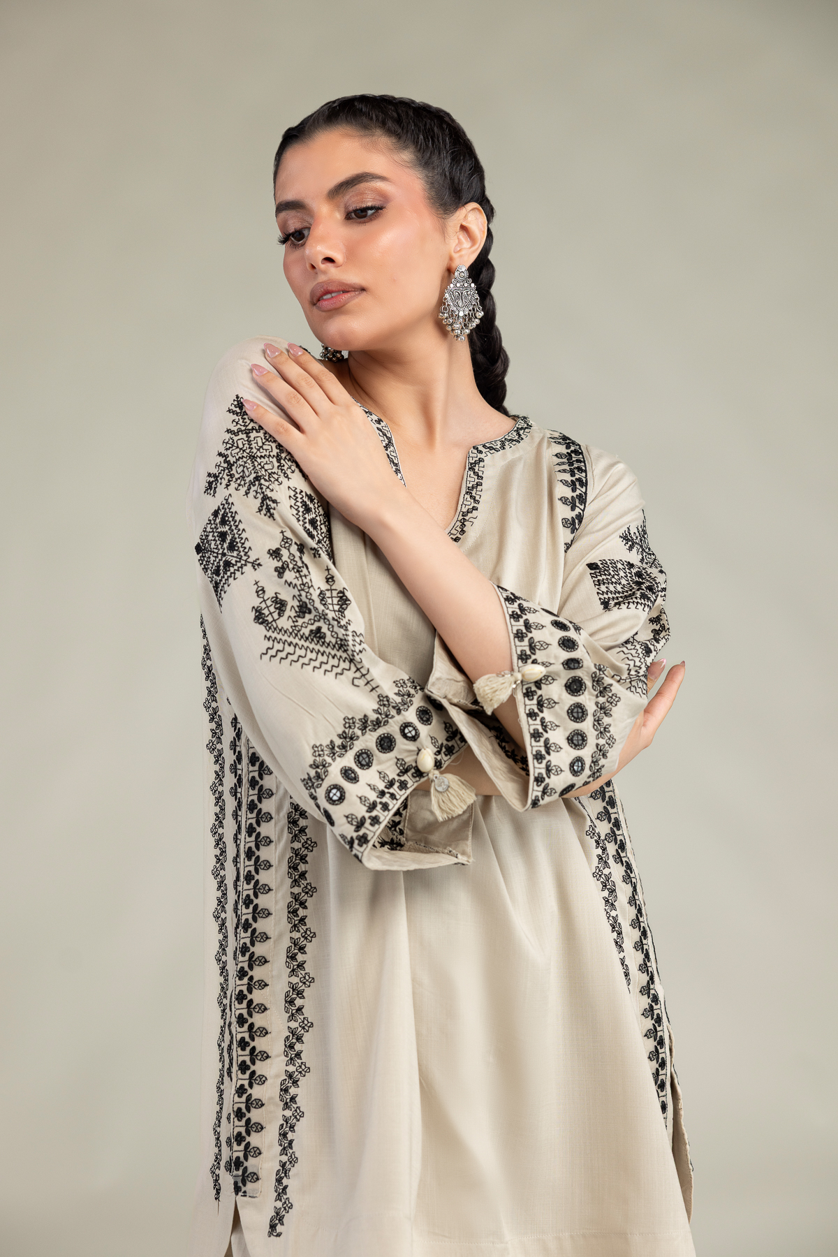 Embroidered Raw Silk Short Beige Kurta - 1-26-309-B-D1-VG