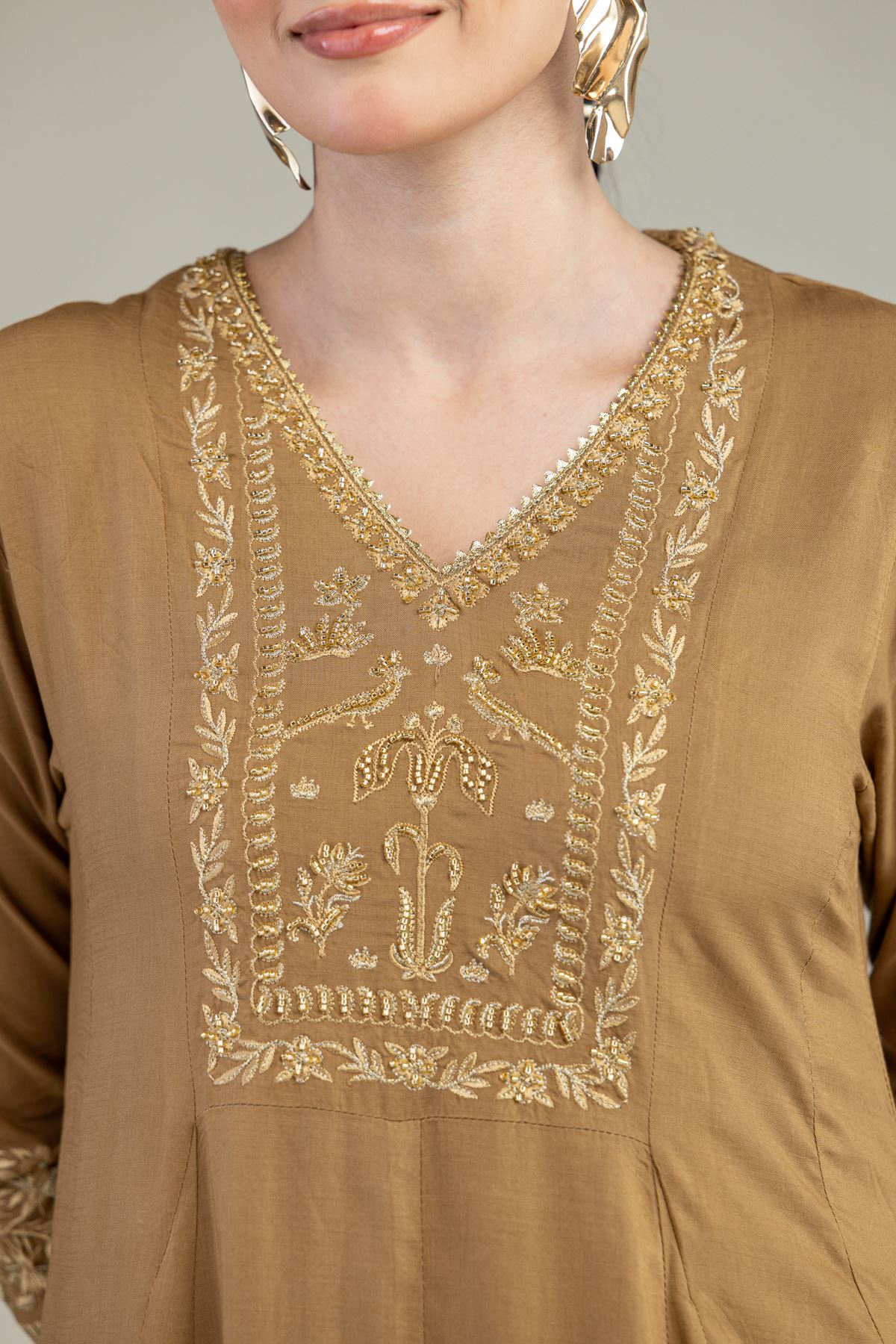 Embroidered Raw Silk V-Neck Silk Kurta - 2-26-203-A-F1-VG