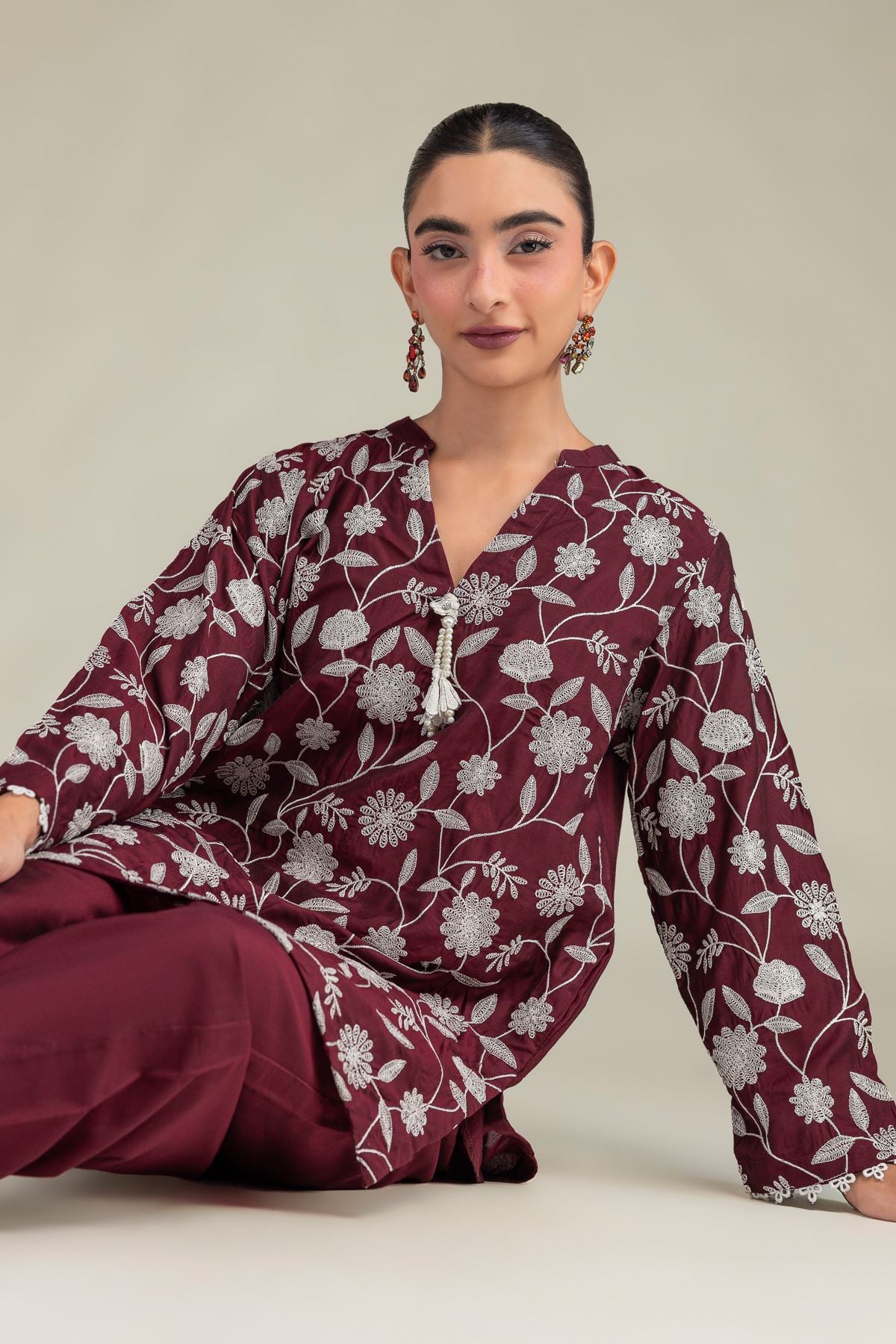 Printed Raw Silk Floral Maroon Kurta - 2-26-306-A-D1-VG