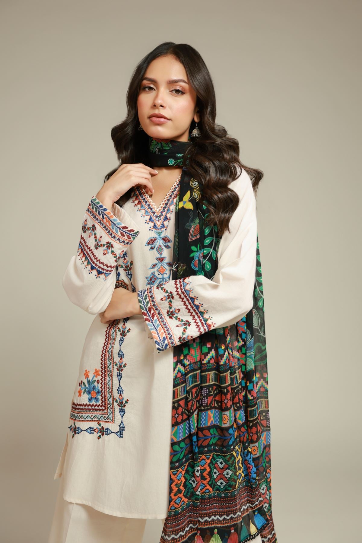 Embroidered Cambric 3-Piece Tailored Set - 2-26-107-A-F-VG