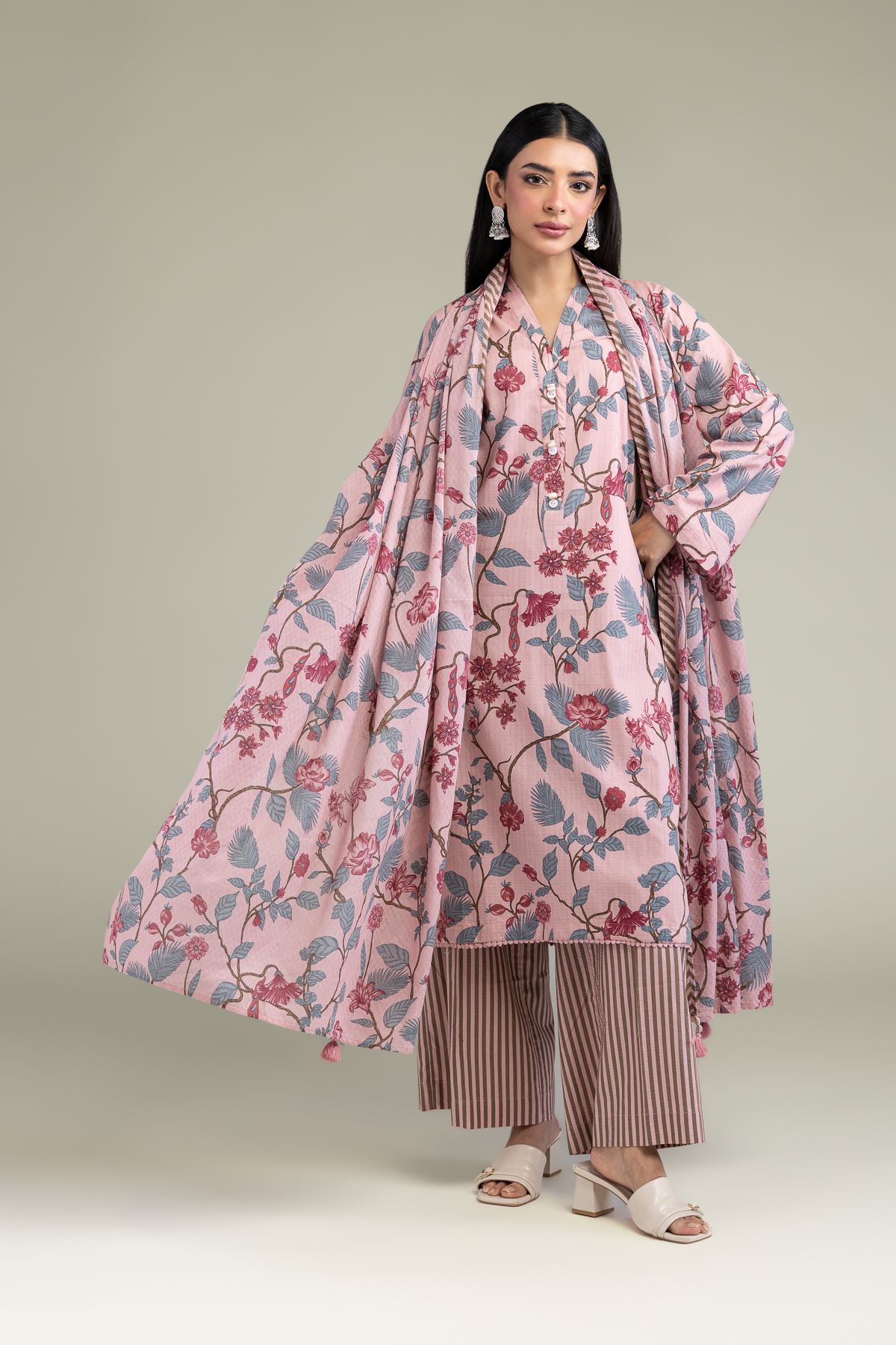 Printed Lawn Floral Pink Dupatta - 25-10-11E8-08TA-VG