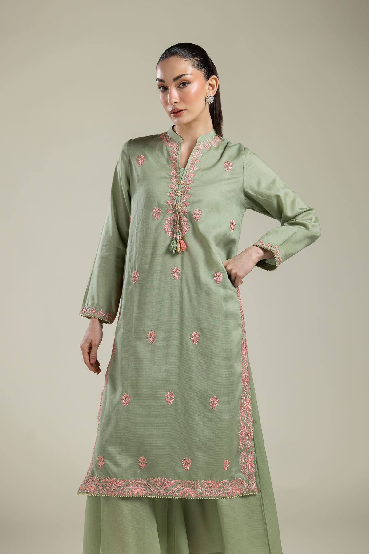 Embroidered Textured Weave Long Mint Kurta - 2-26-107-A-F-VG