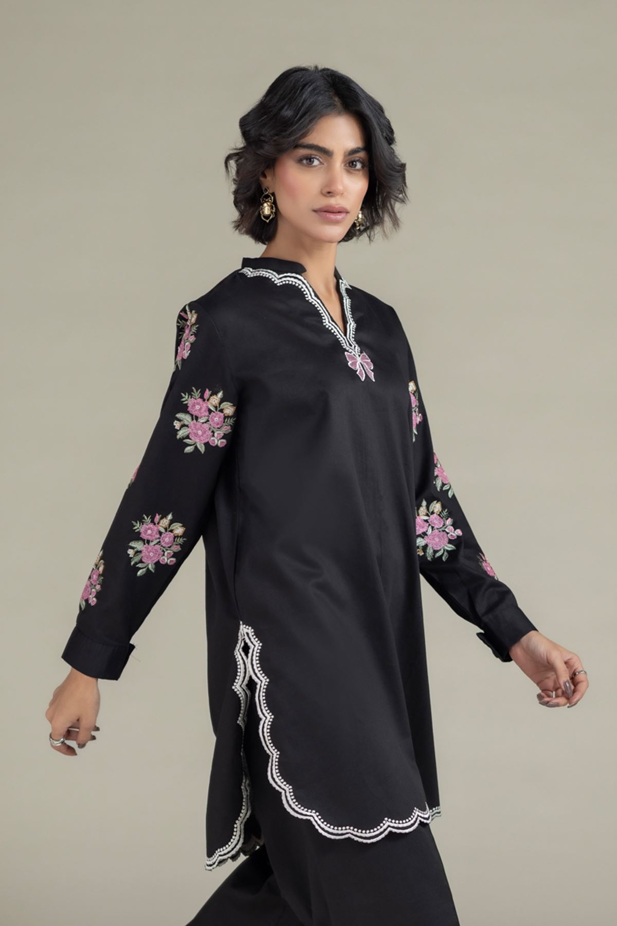 Embroidered Textured Cotton Kurta - 25-08-8E5-07TA-VG