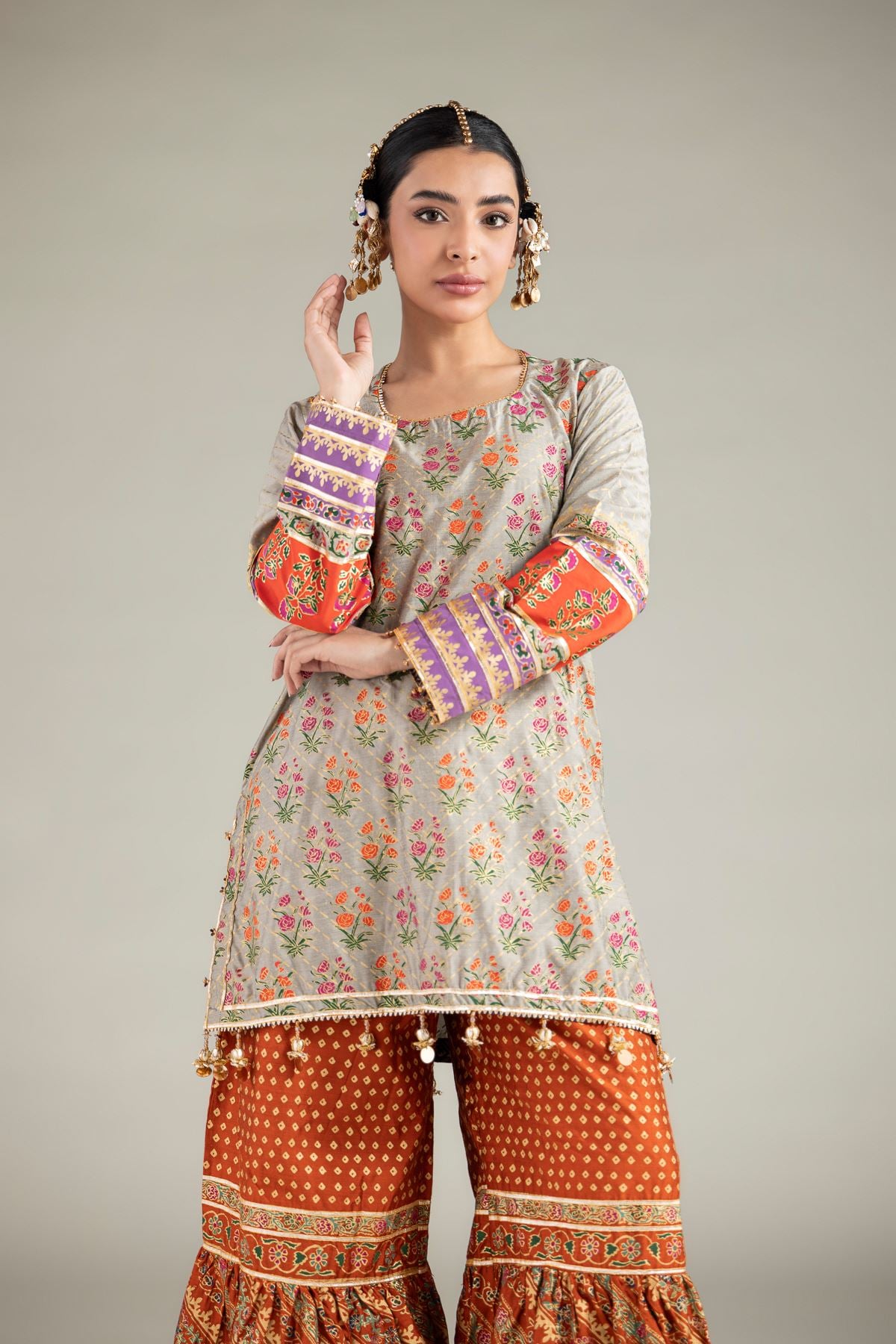 Printed Raw Silk 3 Piece Co-ord Set - 5-26-103-F-F-VG