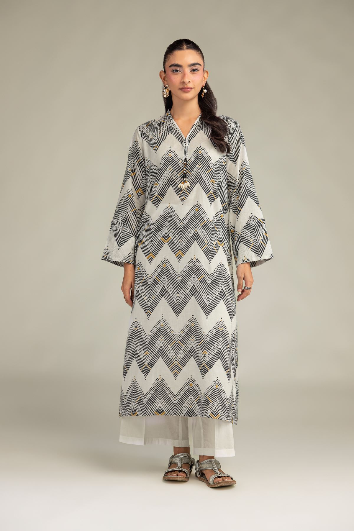 Printed Cambric Geometric Longline Kurta - 1-26-322-B-A1-VG