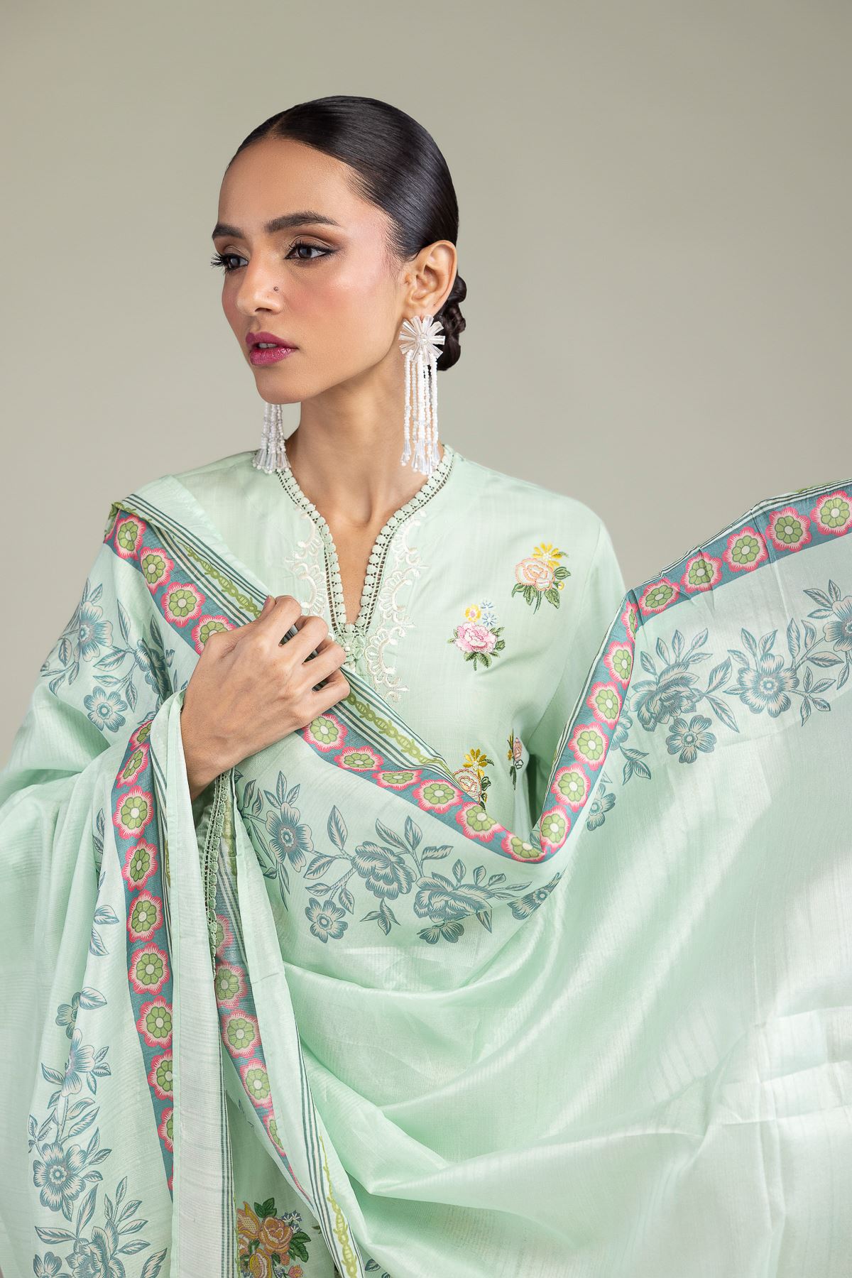 Embroidered Polyester Silk Mint Floral Dupatta - 2-26-209-A-D1-VG