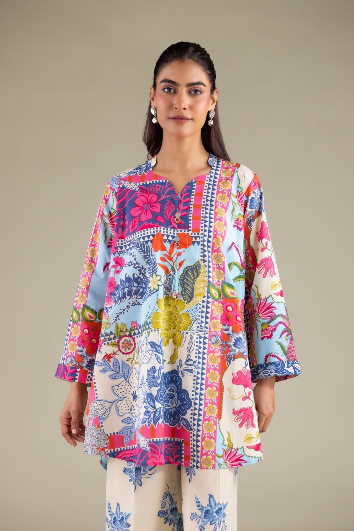 Printed Cambric Floral V-Neck Kurta - 1-26-108-A-F-VG