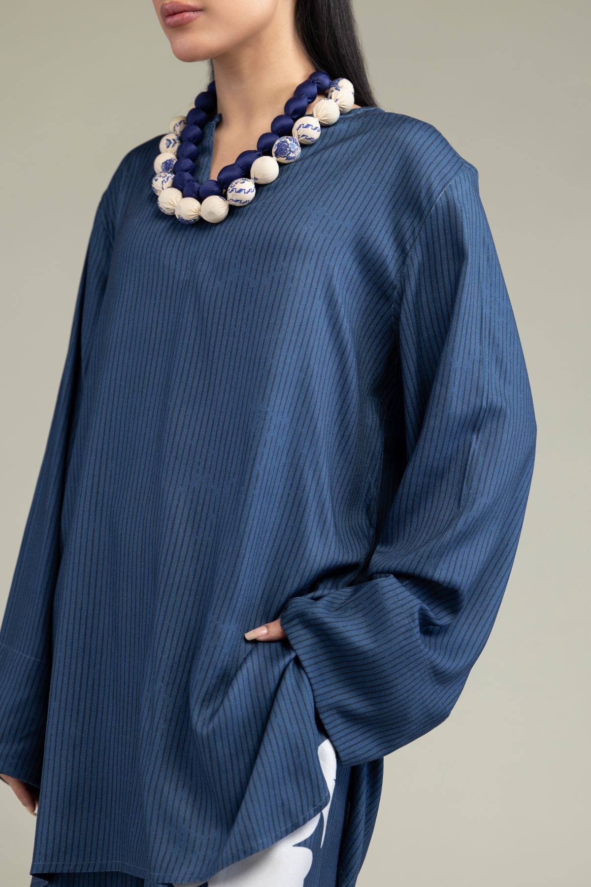Printed Viscose Crepe V-Neck Navy Shirt - 6-26-206-A-I2-VG