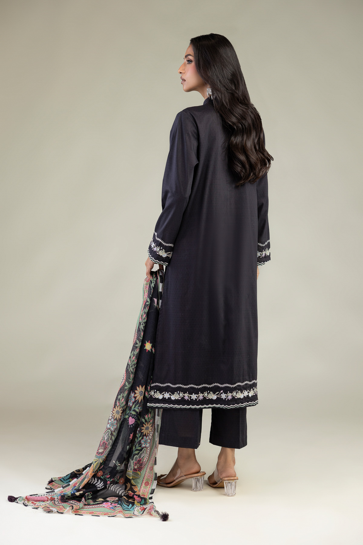 Embroidered Cotton Dobby Black Tailored Set - 1-26-102-A-F-VG