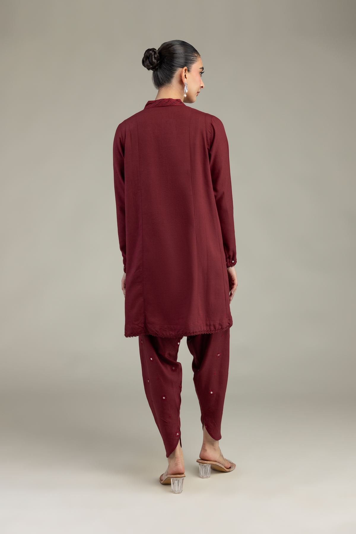 Embroidered Raw Silk Maroon V-Neck Kurta - 1-26-225-A-C1-VG