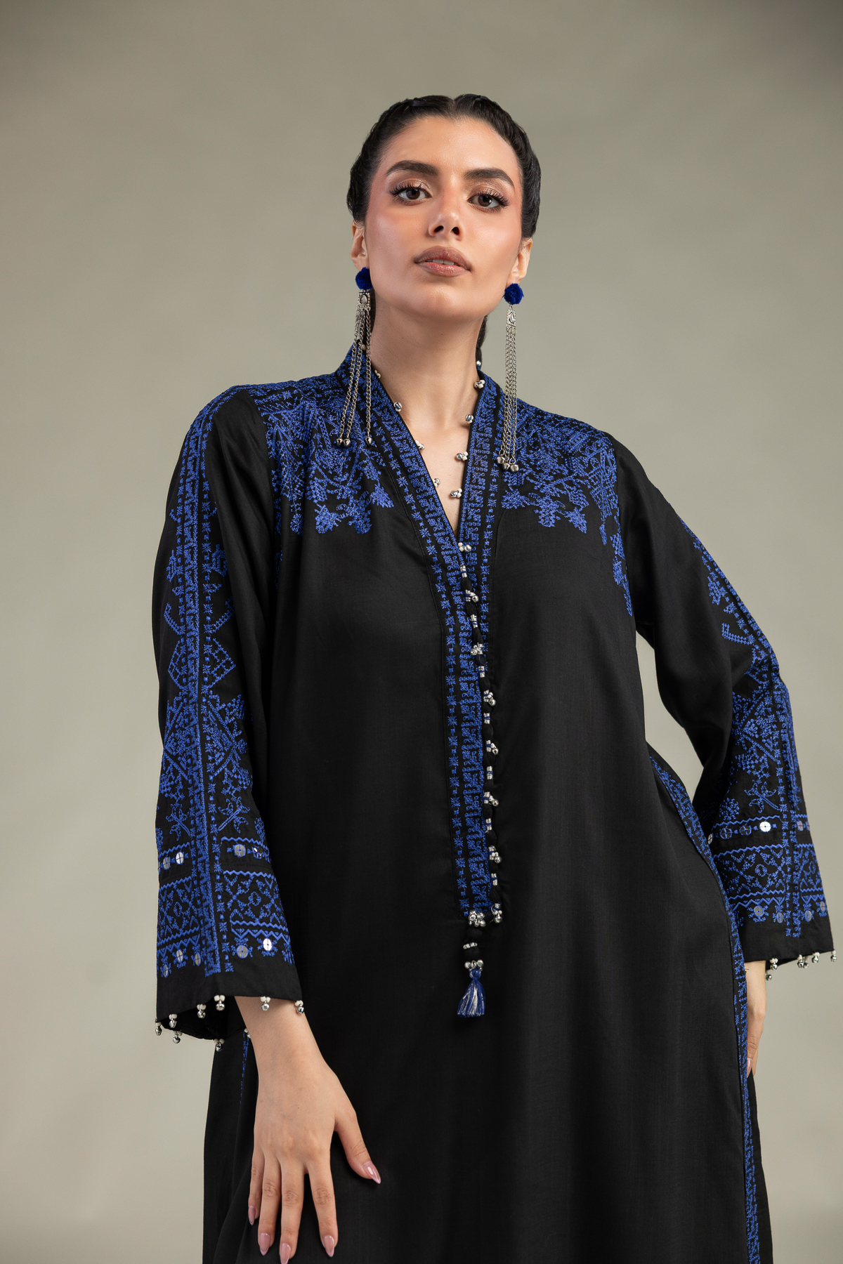 Embroidered Raw Silk V-Neck Longline Kurta - 1-26-322-B-A1-VG