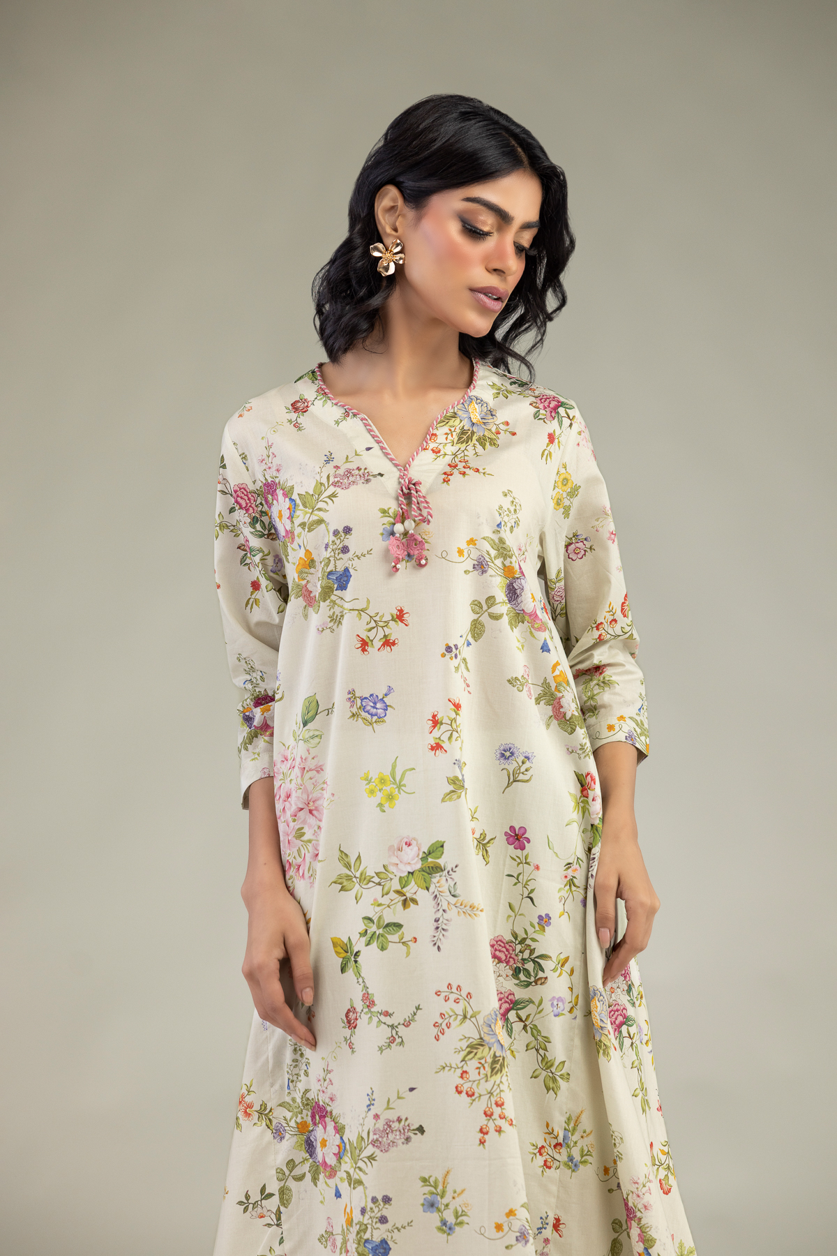Embroidered Cambric Floral V-Neck Kurta - 1-26-240-A-J1-VG