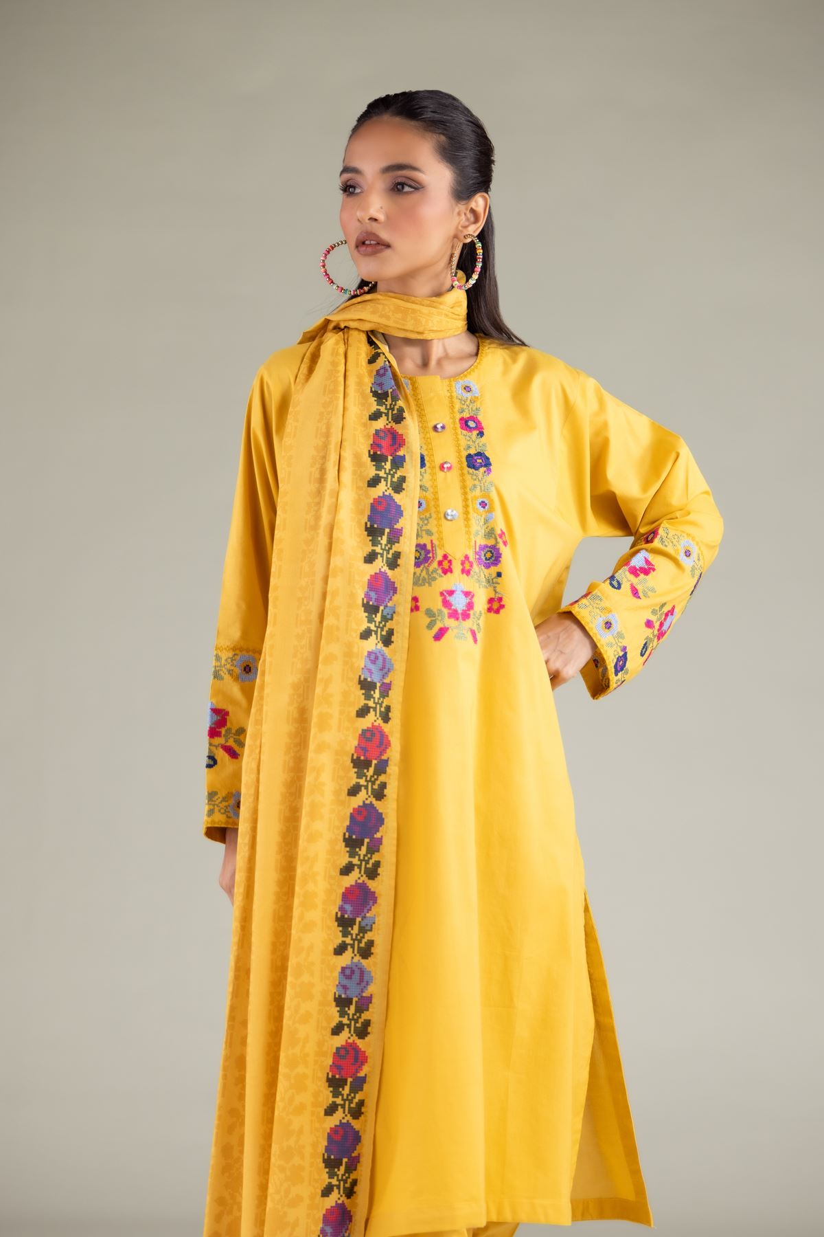 Printed Lawn Floral Summer Dupatta - 6-26-105-A-G-VG