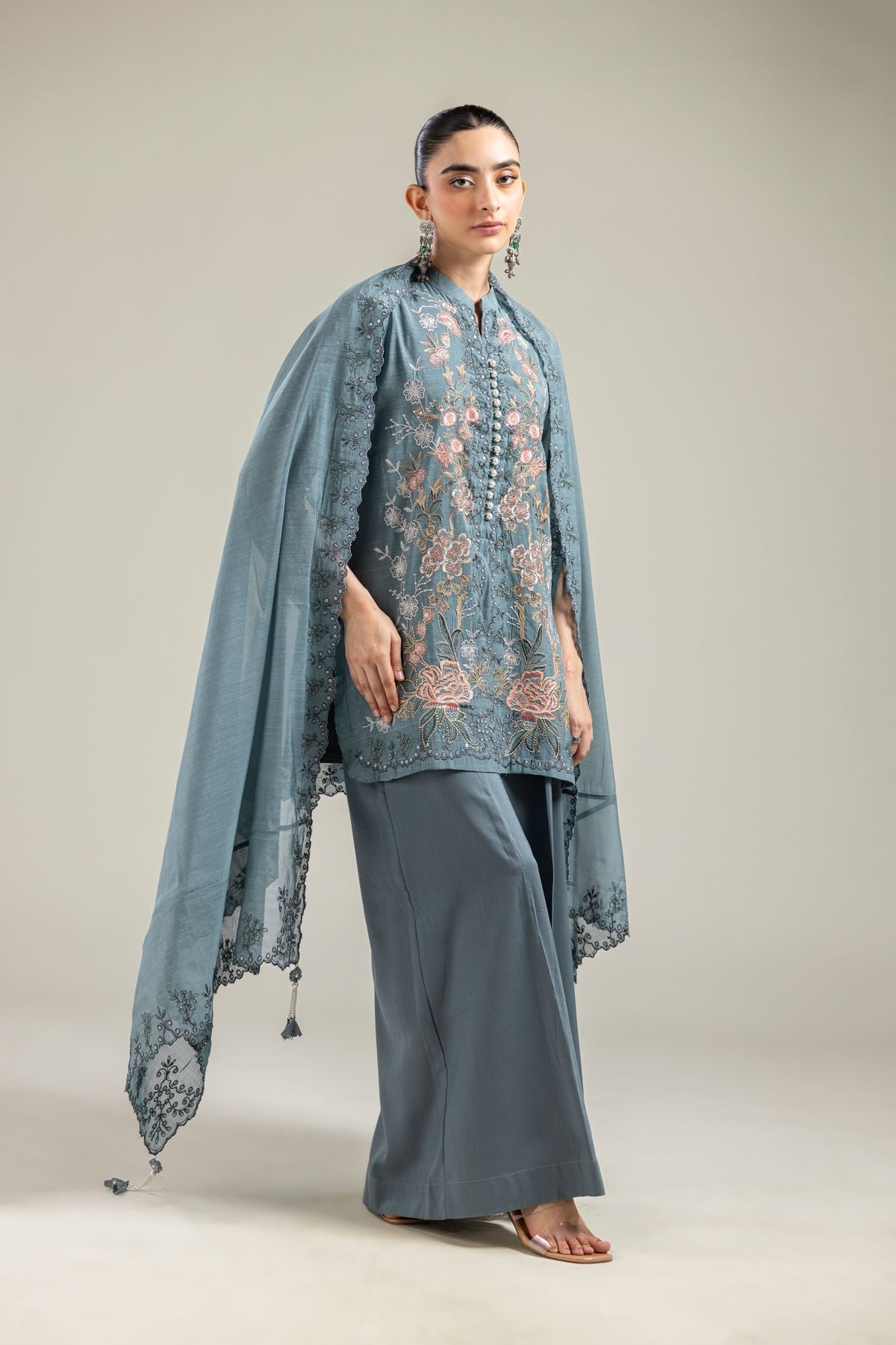 Paper Silk Floral Teal Dupatta - 2-26-202-A-G-VG