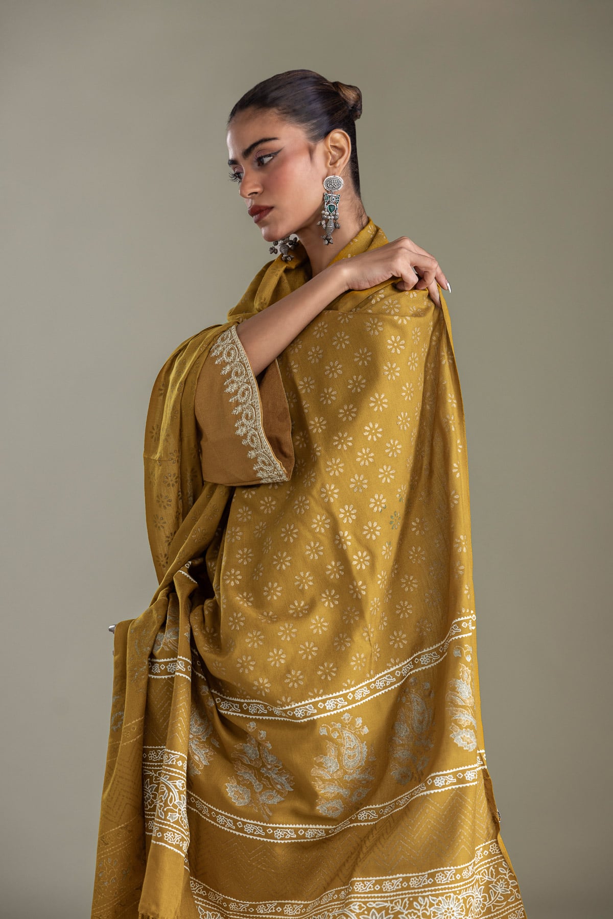 Embroidered Rashmina Acrylic Mustard Floral Shawl - 1-26-433-A-C1-VG