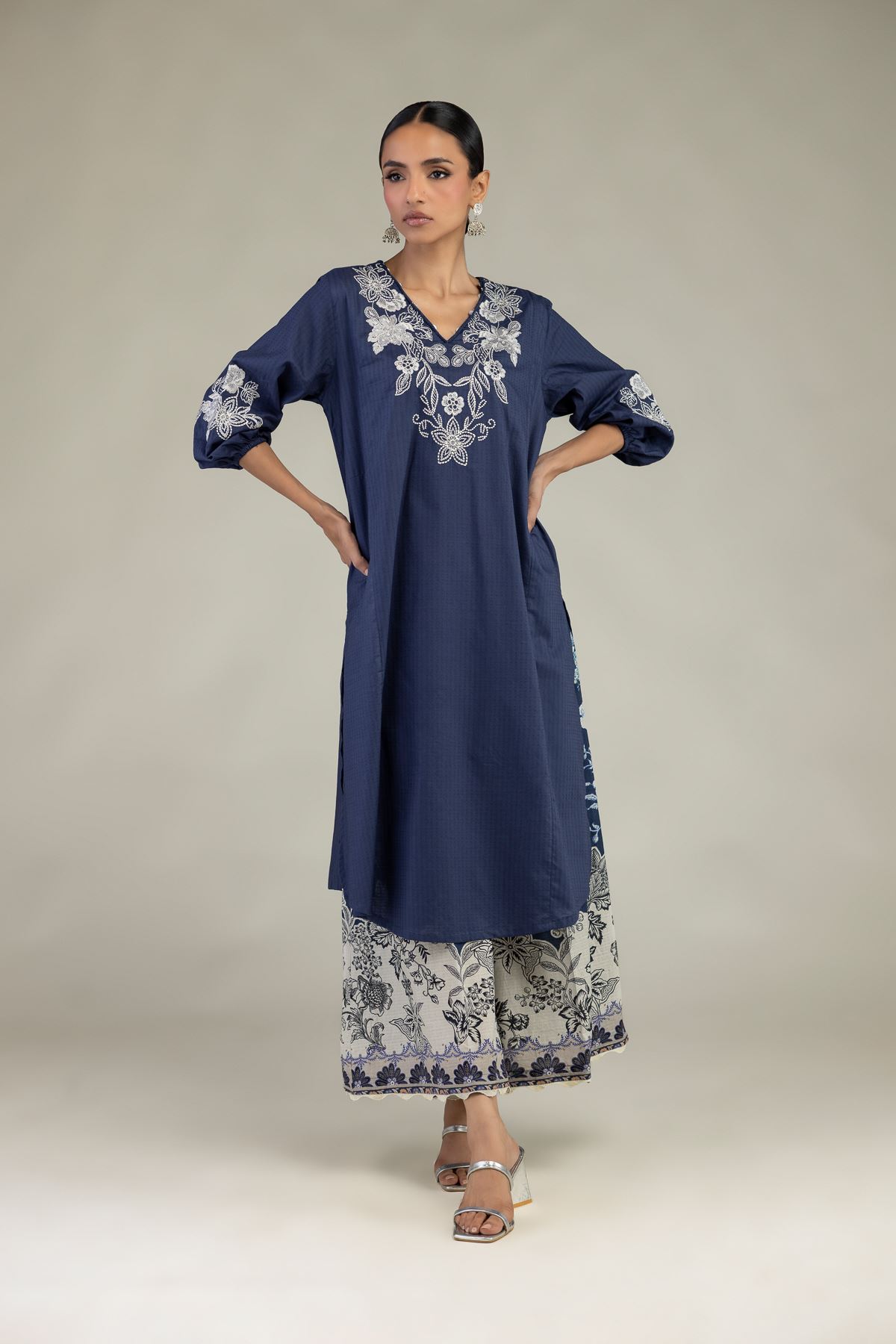 Embroidered Cotton Dobby Floral V-Neck Kurta - 1-26-241-A-A1-VG