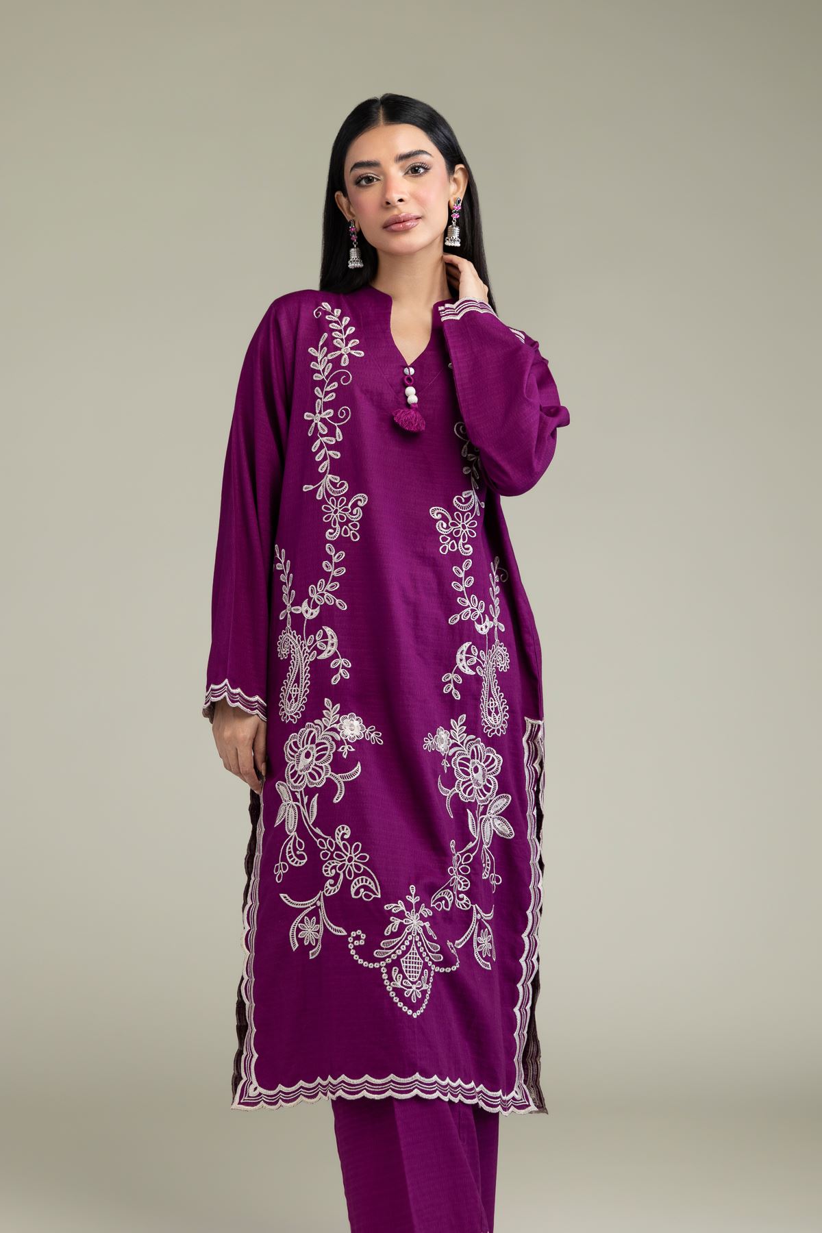 Embroidered Cotton Dobby Floral Longline Kurta - 1-26-247-B-E1-VG