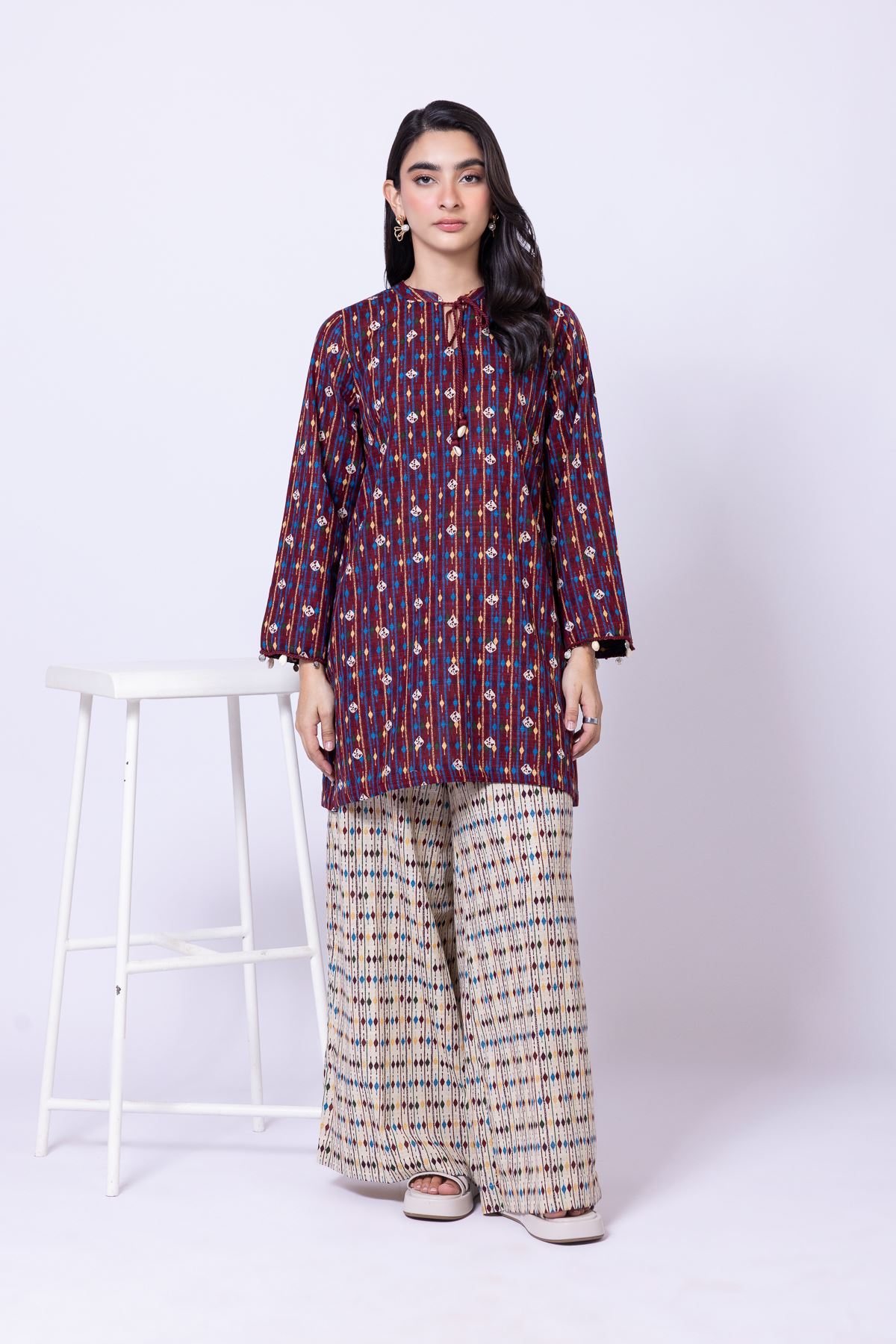 Printed Khaddar Flared Geometric Pants - 25-10-12E10-08TA-VG