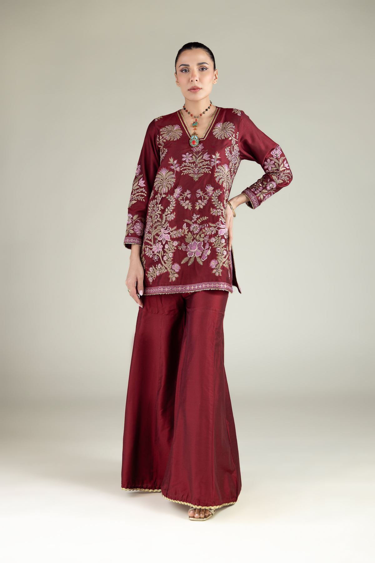 Embroidered Raw Silk Floral V-Neck Kurta - 2-26-105-A-E-VG