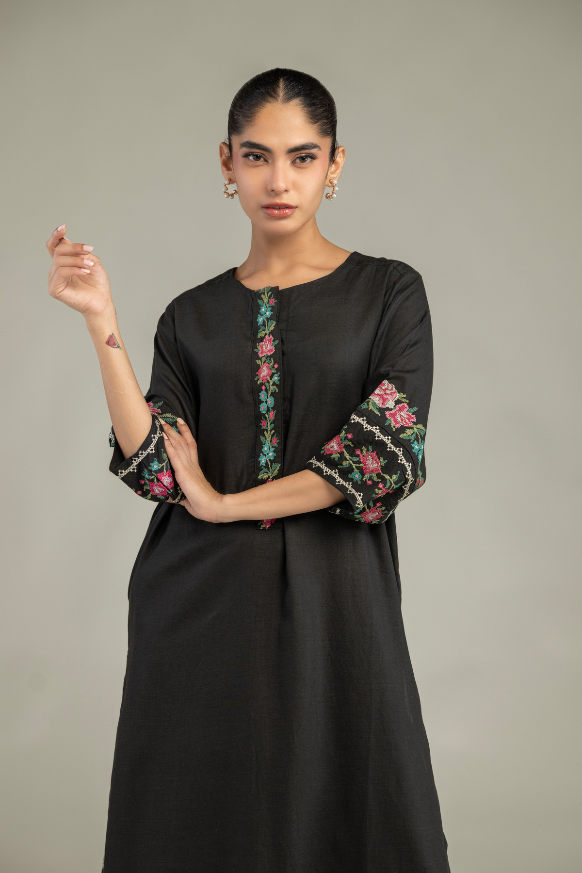Embroidered Raw Silk Long Black Kurta - A22-26-214FH1-VG